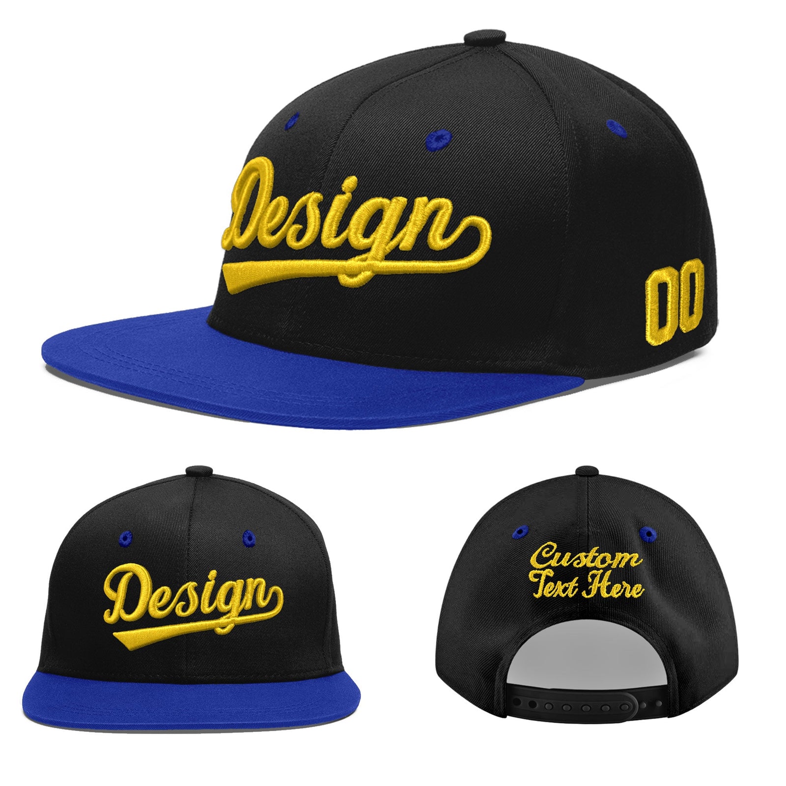 Custom Black Royal Blue 3D Puff Embroidery Flat Embroidery Casual Sport Baseball Cap
