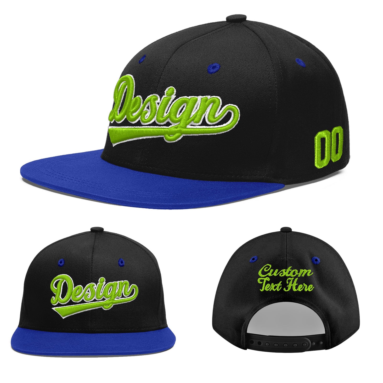 Custom Black Royal Blue 3D Puff Embroidery Flat Embroidery Casual Sport Baseball Cap