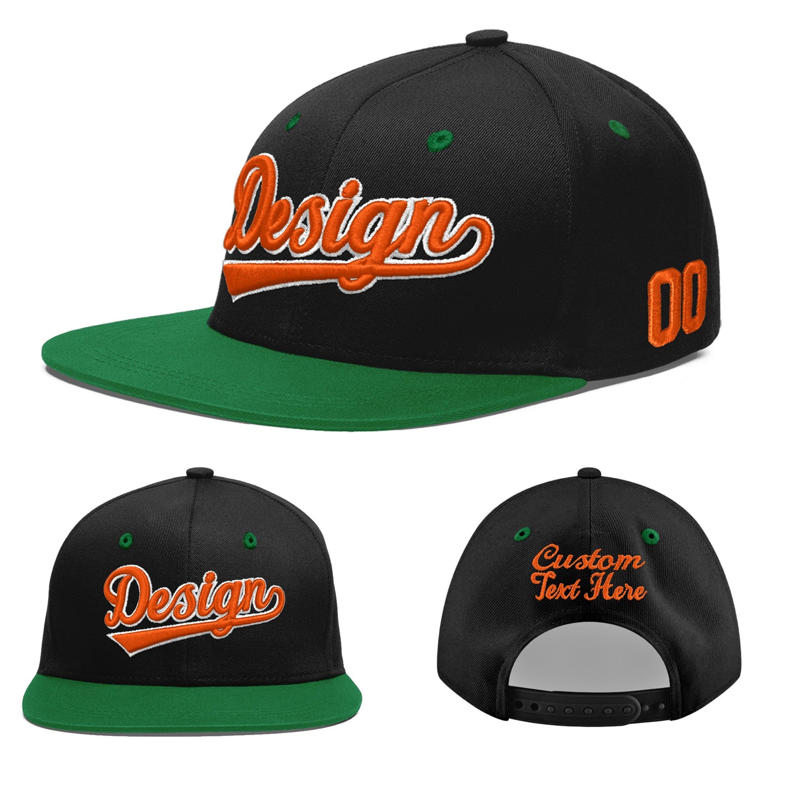 Custom Black Kelly Green 3D Puff Embroidery Flat Embroidery Casual Sport Baseball Cap