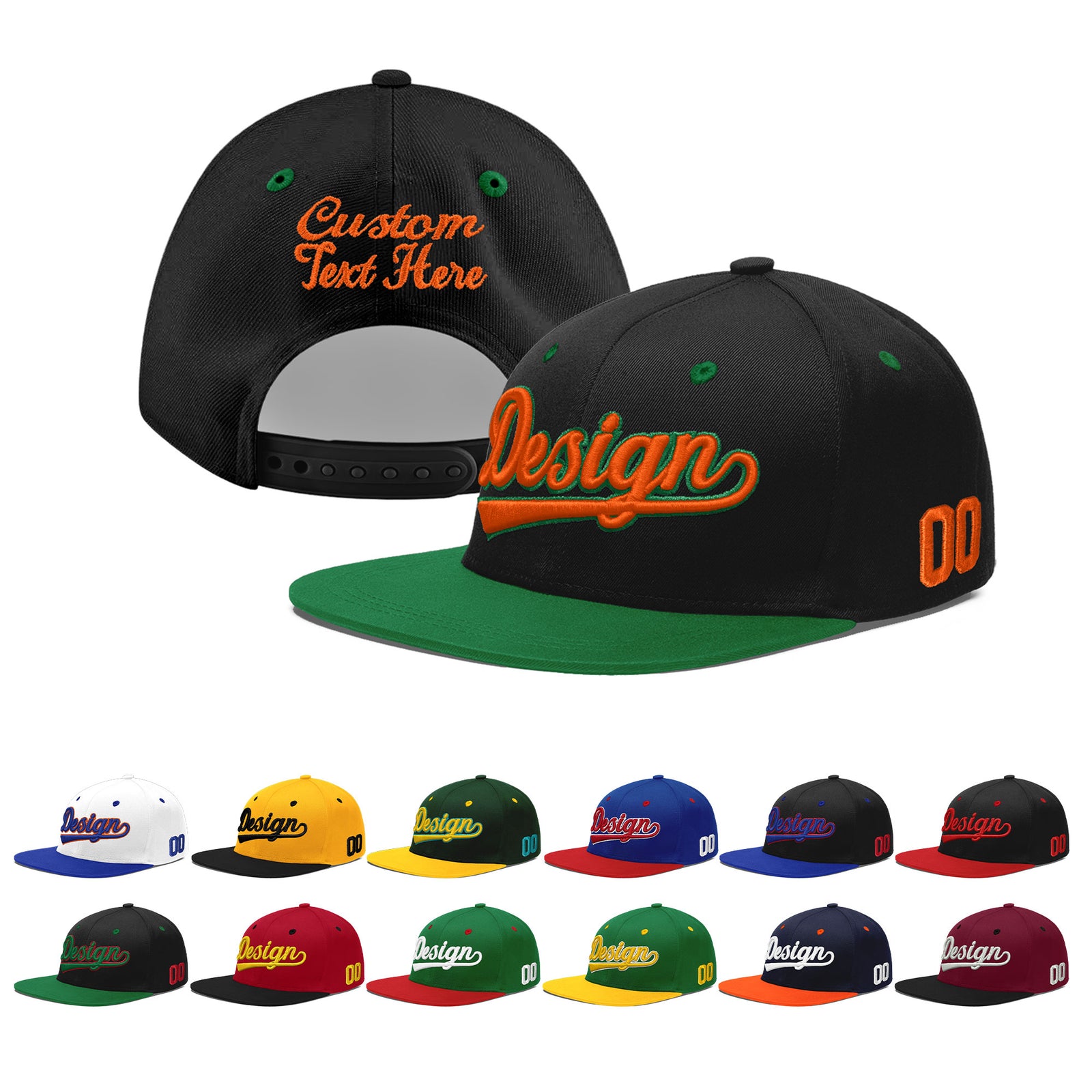 Custom Black Kelly Green 3D Puff Embroidery Flat Embroidery Casual Sport Baseball Cap