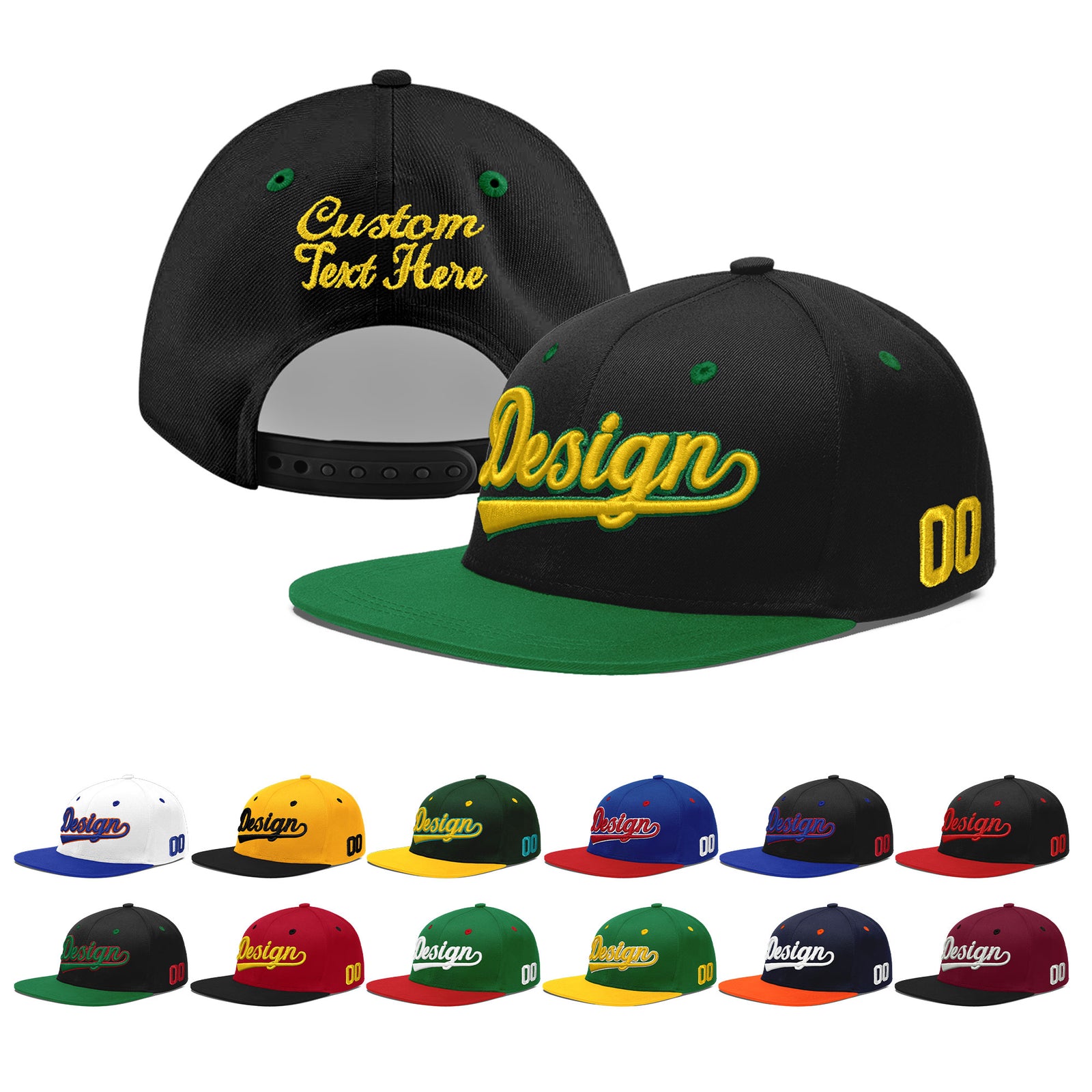 Custom Black Kelly Green 3D Puff Embroidery Flat Embroidery Casual Sport Baseball Cap