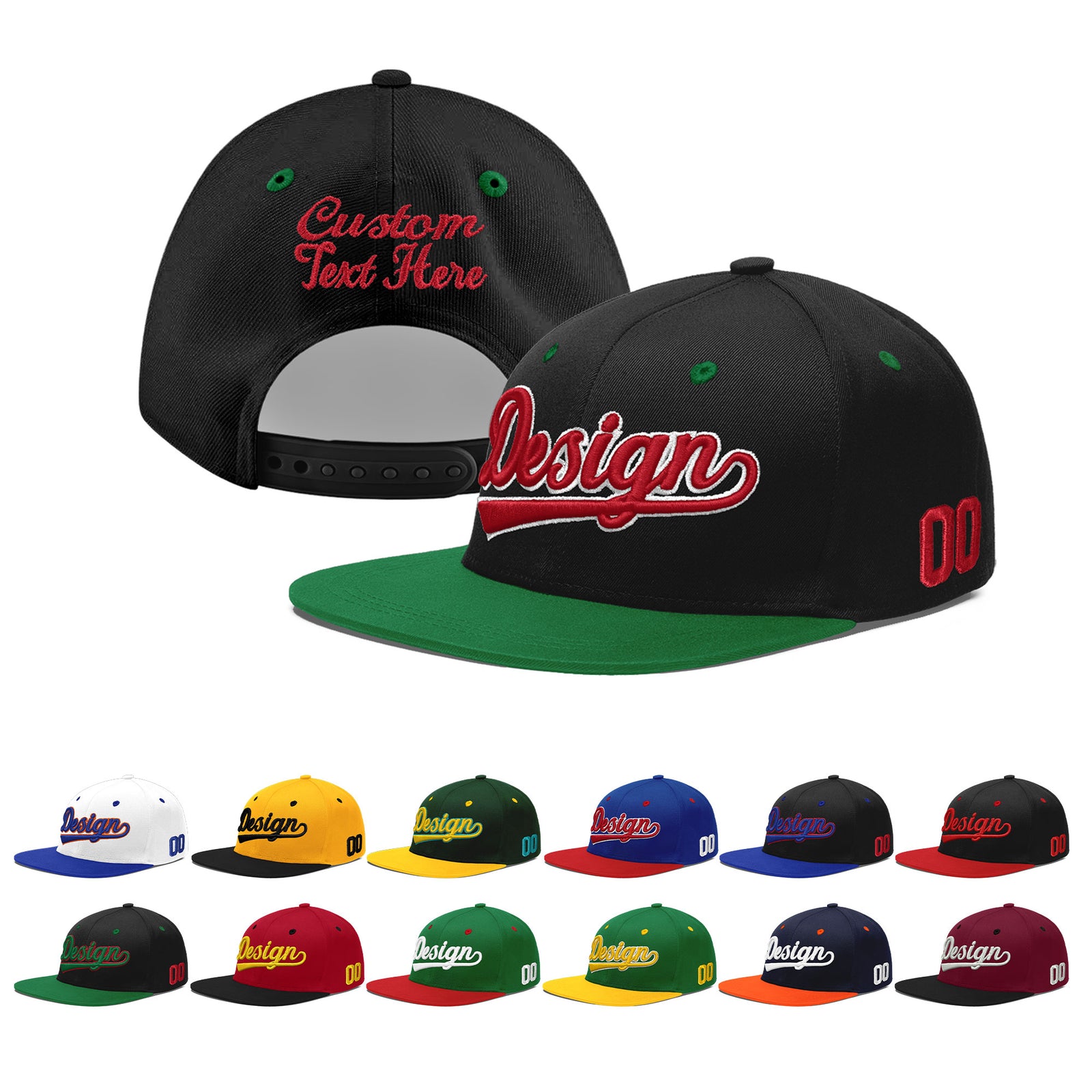 Custom Black Kelly Green 3D Puff Embroidery Flat Embroidery Casual Sport Baseball Cap