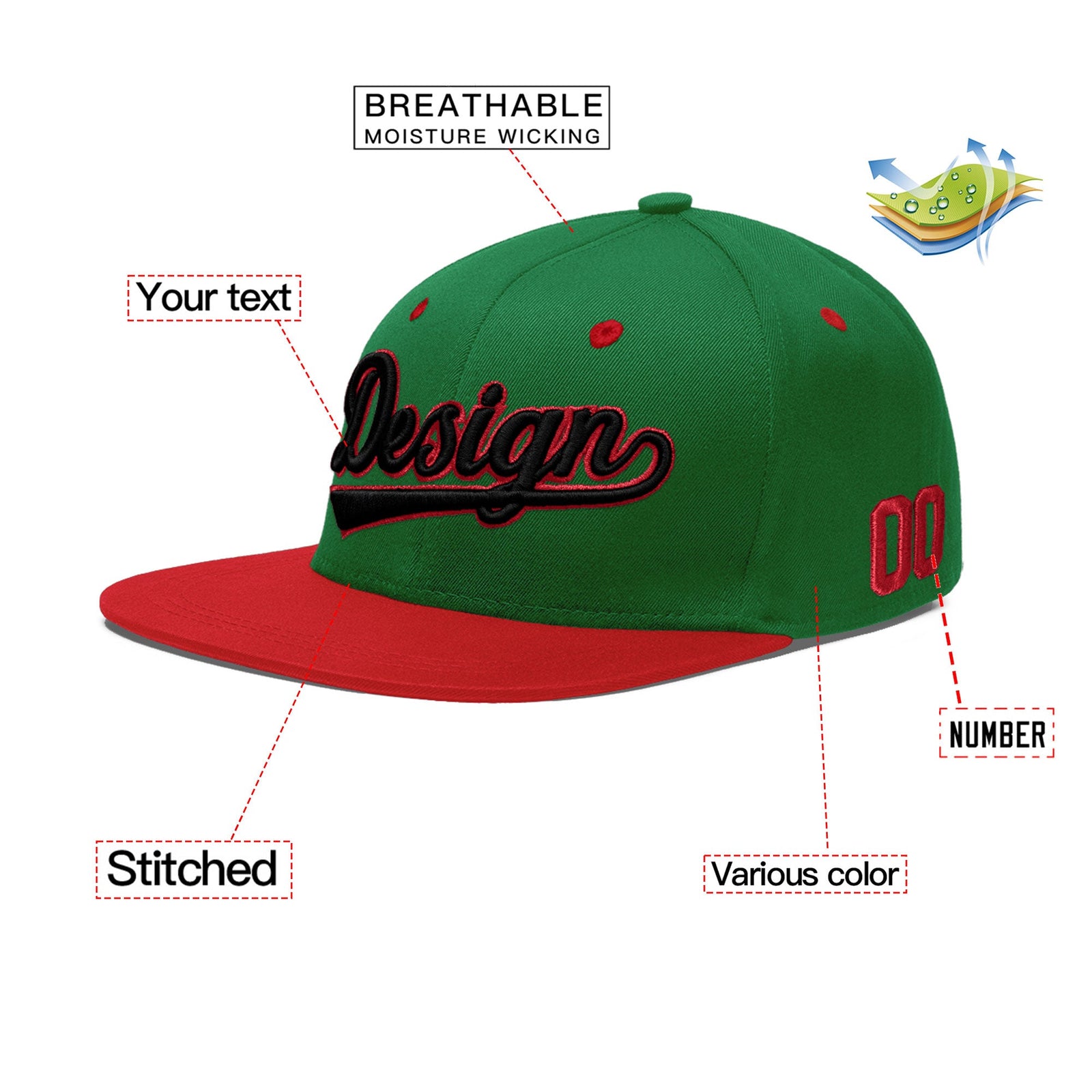 Custom Kelly Green Red 3D Puff Embroidery Flat Embroidery Casual Sport Baseball Cap
