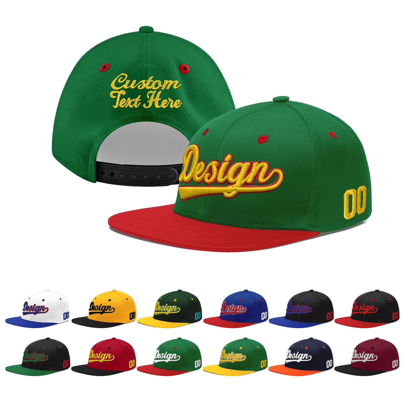 Custom Kelly Green Red 3D Puff Embroidery Flat Embroidery Casual Sport Baseball Cap