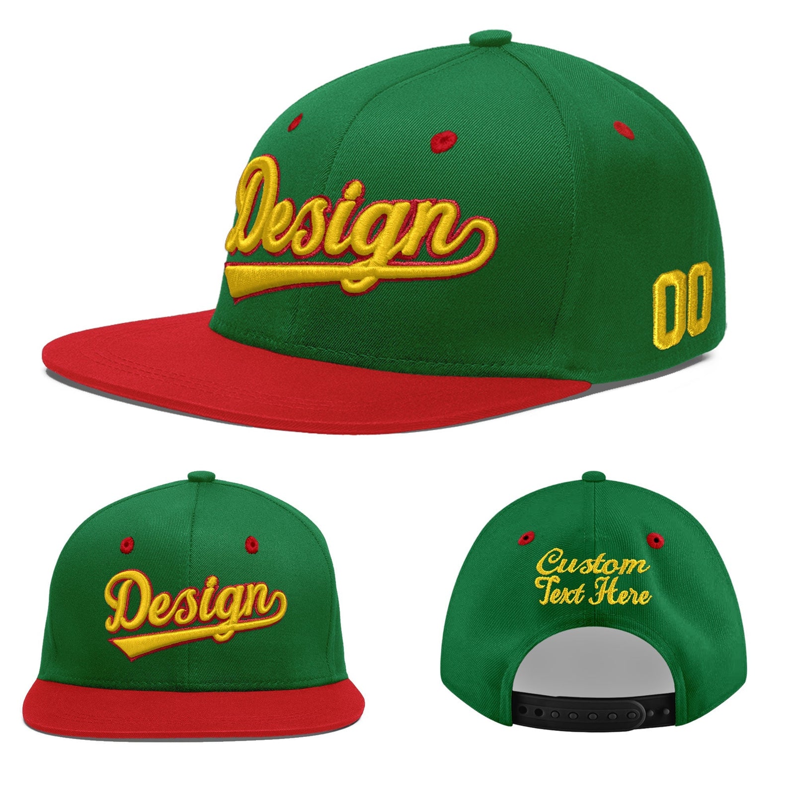 Custom Kelly Green Red 3D Puff Embroidery Flat Embroidery Casual Sport Baseball Cap