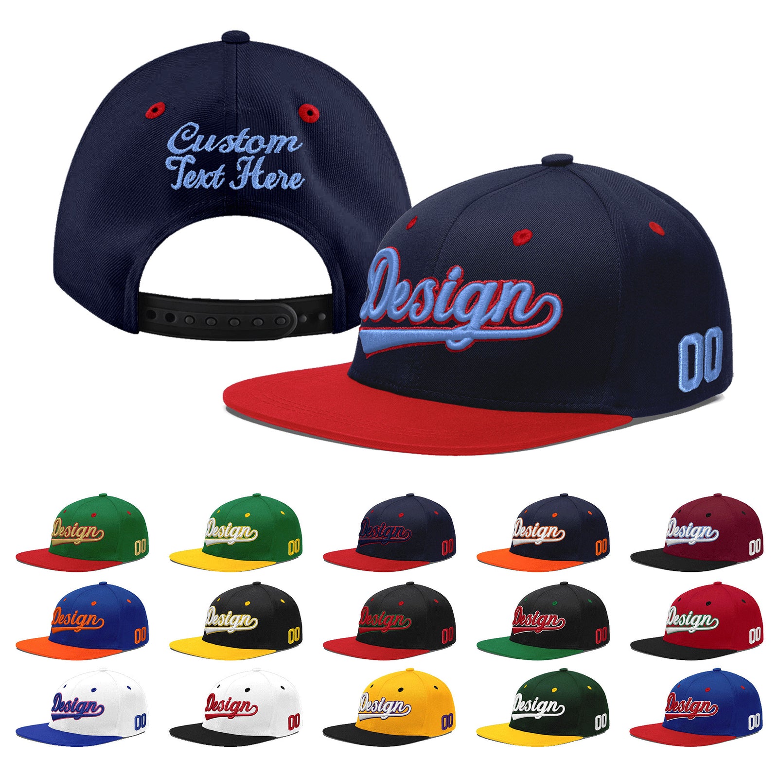 Custom Navy Red 3D Puff Embroidery Flat Embroidery Casual Sport Baseball Cap
