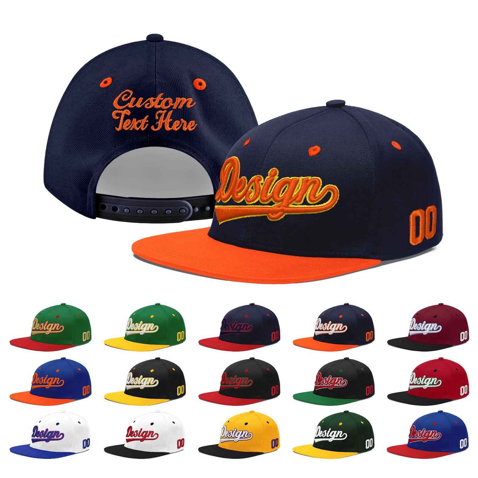 Custom Navy Orange 3D Puff Embroidery Flat Embroidery Casual Sport Baseball Cap