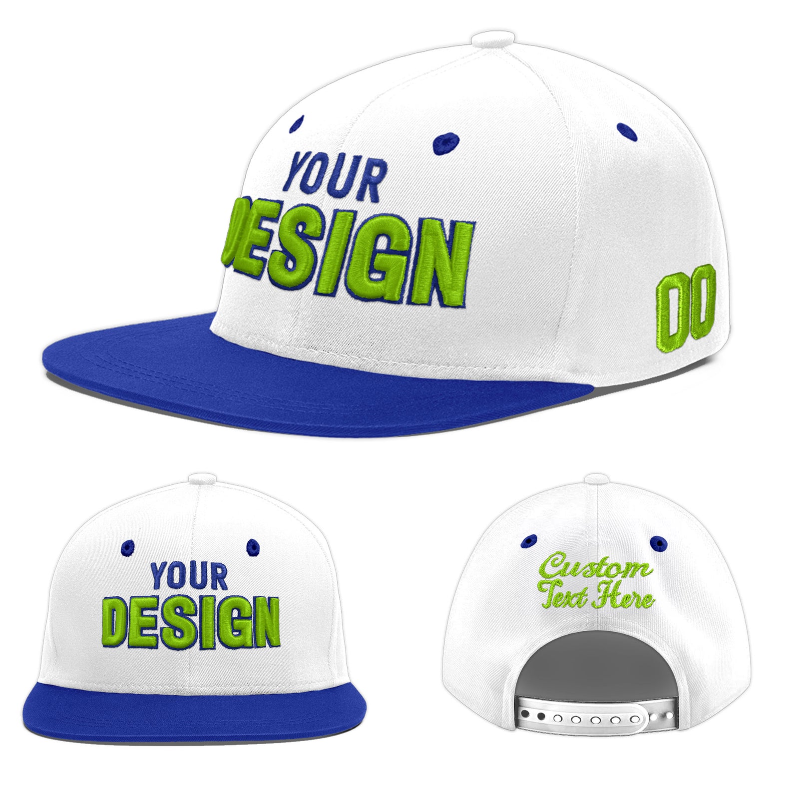Custom White Royal Blue 3D Puff Embroidery Flat Embroidery Casual Sport Baseball Cap