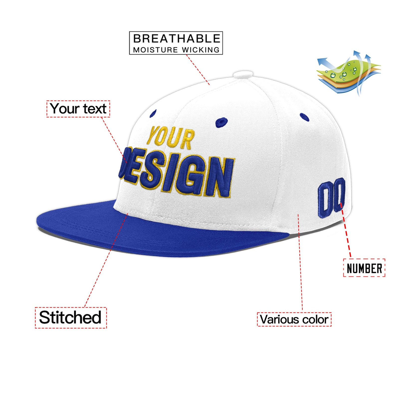 Custom White Royal Blue 93D Puff Embroidery Flat Embroidery Casual Sport Baseball Cap