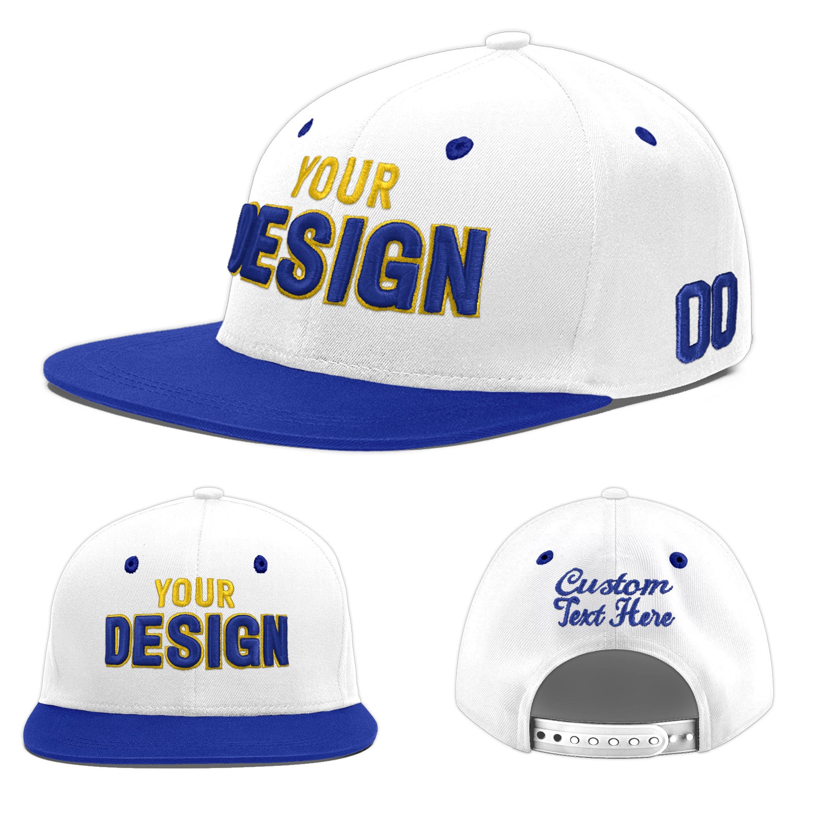 Custom White Royal Blue 92D Puff Embroidery Flat Embroidery Casual Sport Baseball Cap