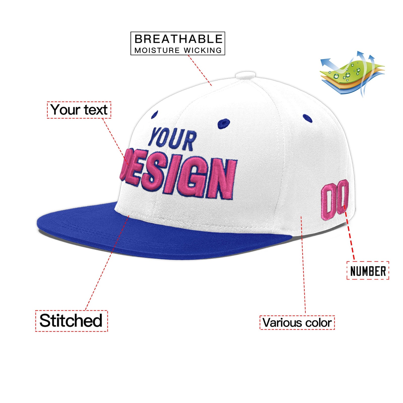 Custom White Royal Blue 109D Puff Embroidery Flat Embroidery Casual Sport Baseball Cap
