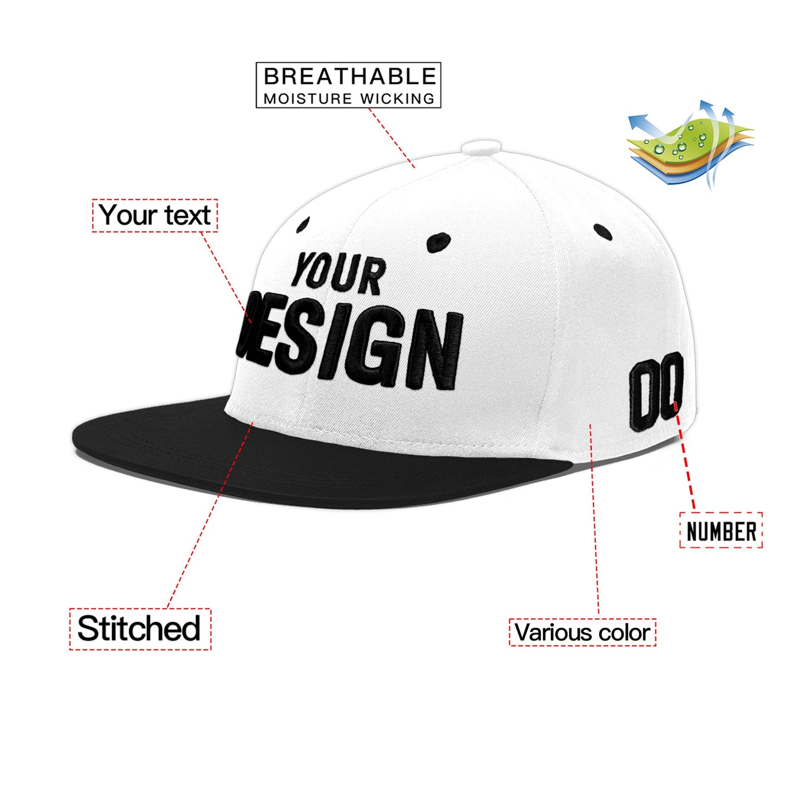 Custom White Black 3D Puff Embroidery Flat Embroidery Casual Sport Baseball Cap