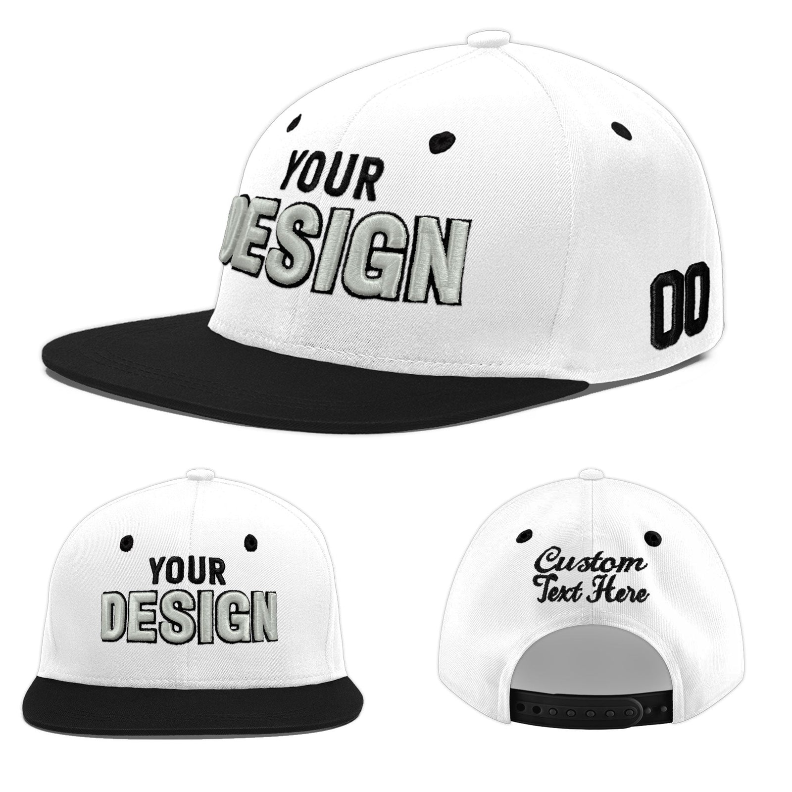 Custom White Black 3D Puff Embroidery Flat Embroidery Casual Sport Baseball Cap