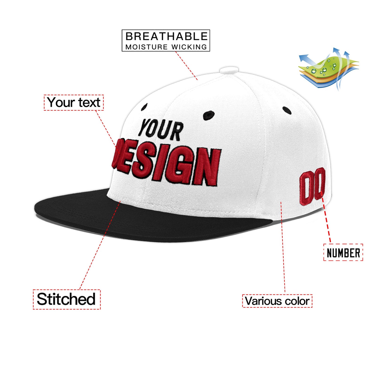 Custom White Black 3D Puff Embroidery Flat Embroidery Casual Sport Baseball Cap