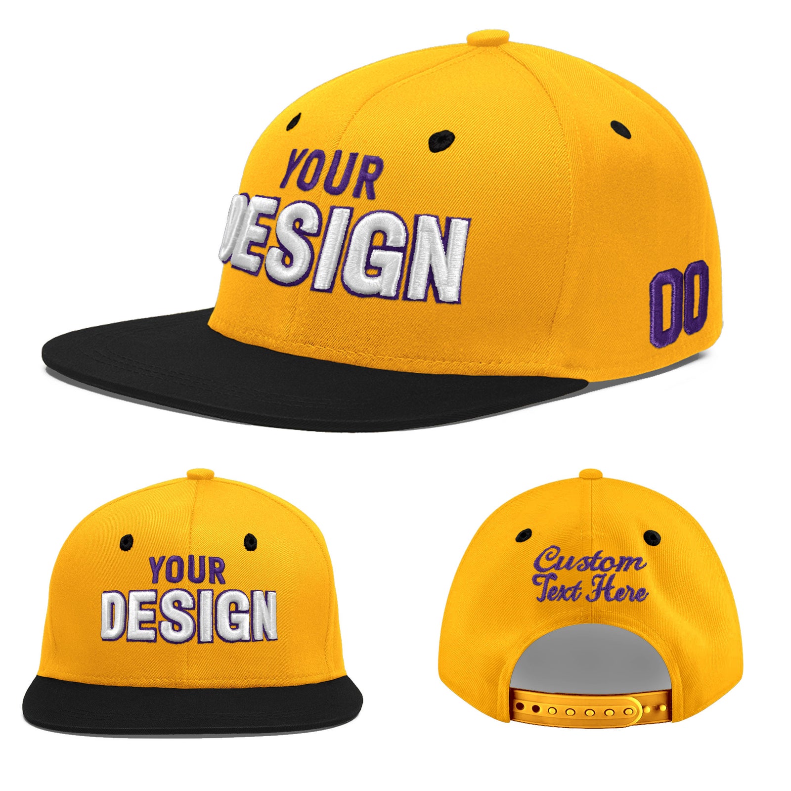 Custom Gold Black 92D Puff Embroidery Flat Embroidery Casual Sport Baseball Cap