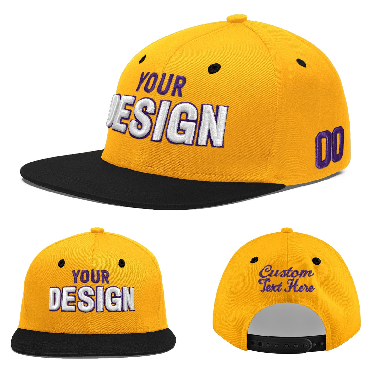 Custom Gold Black 92D Puff Embroidery Flat Embroidery Casual Sport Baseball Cap