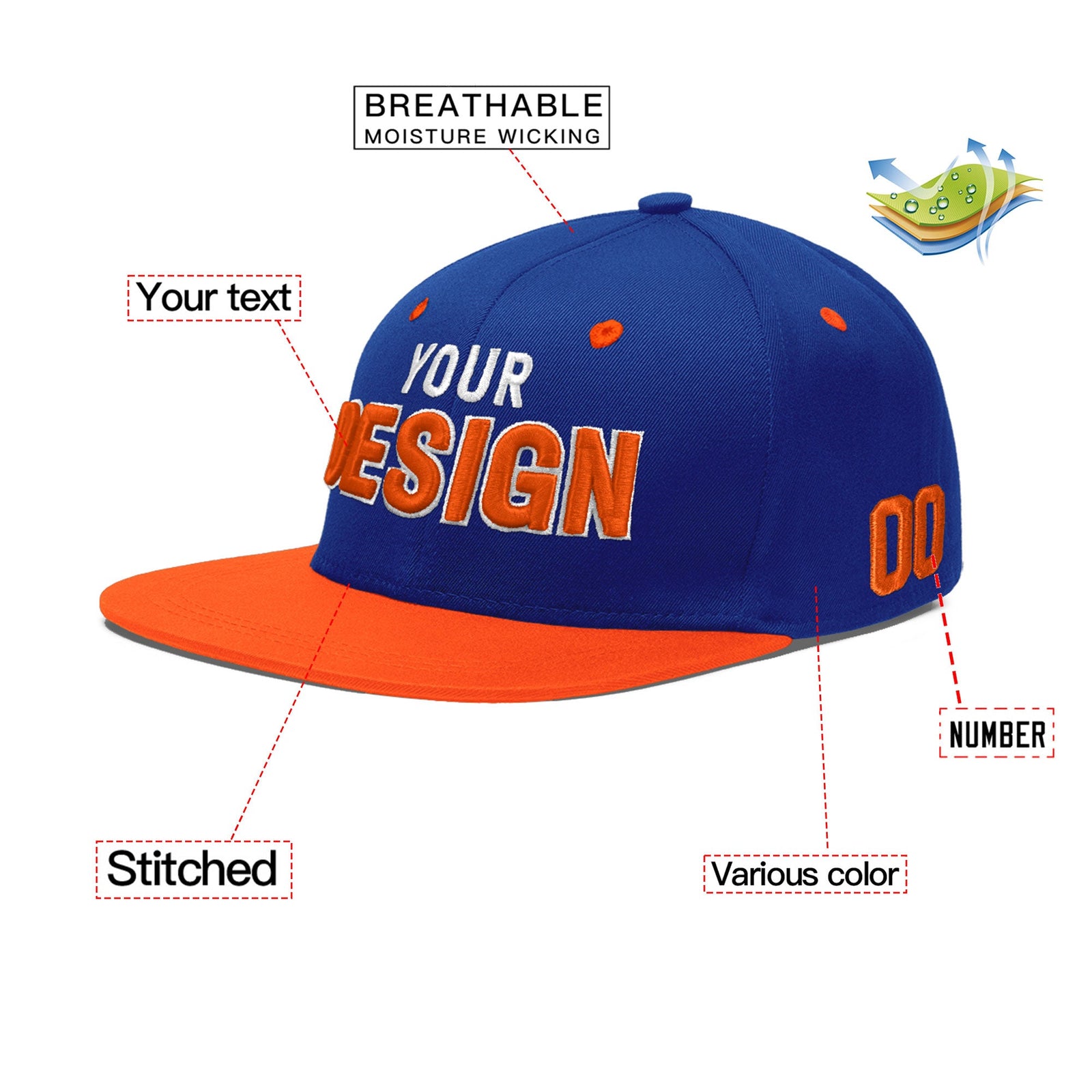 Custom Royal Blue Orange 3D Puff Embroidery Flat Embroidery Casual Sport Baseball Cap