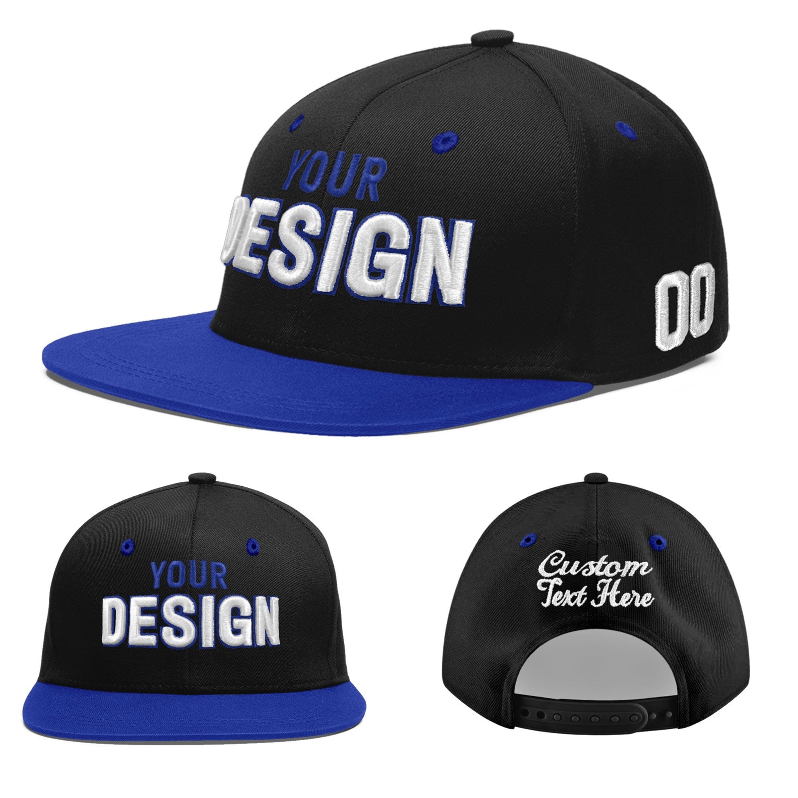 Custom Black Royal Blue 3D Puff Embroidery Flat Embroidery Casual Sport Baseball Cap