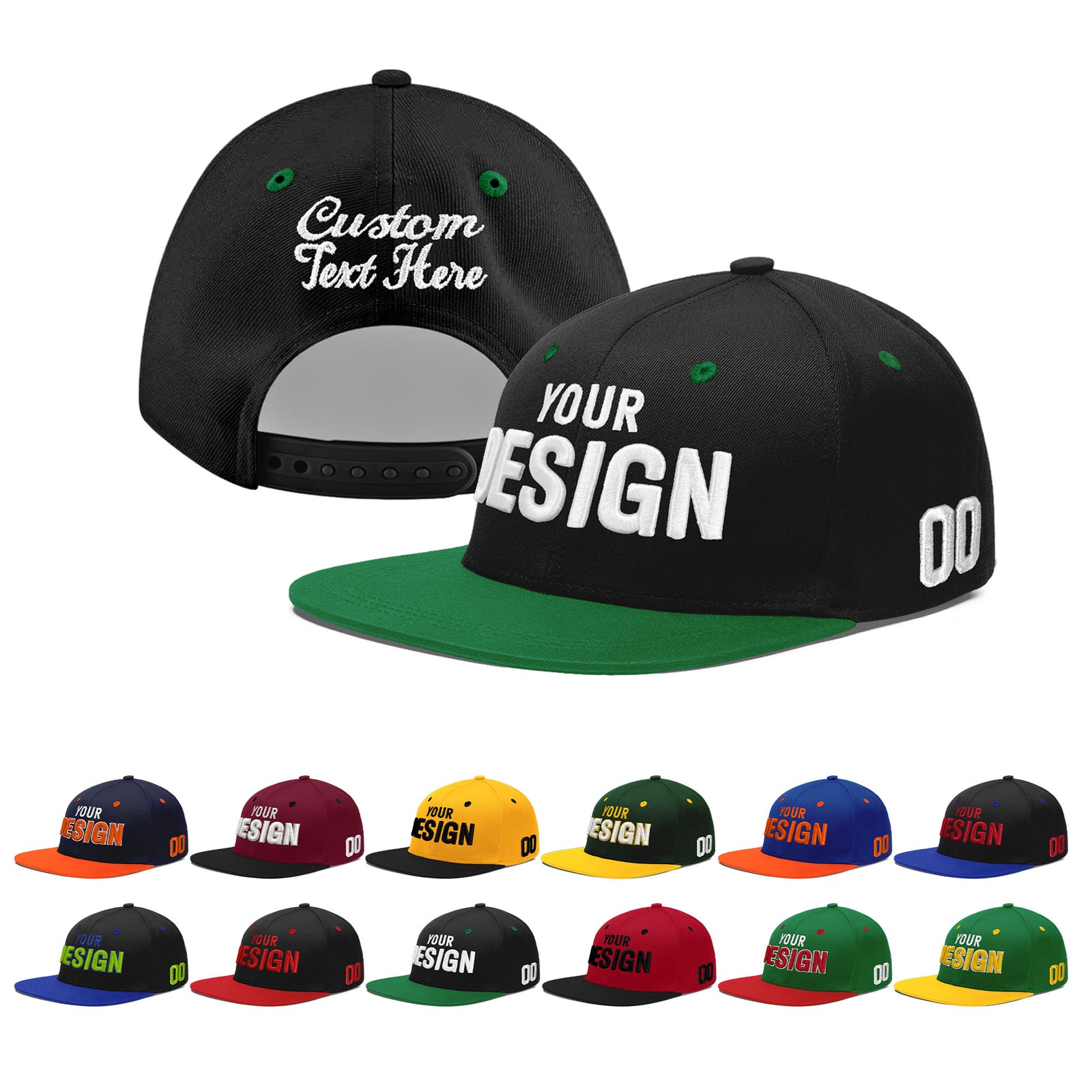 Custom Black Kelly Green 3D Puff Embroidery Flat Embroidery Casual Sport Baseball Cap