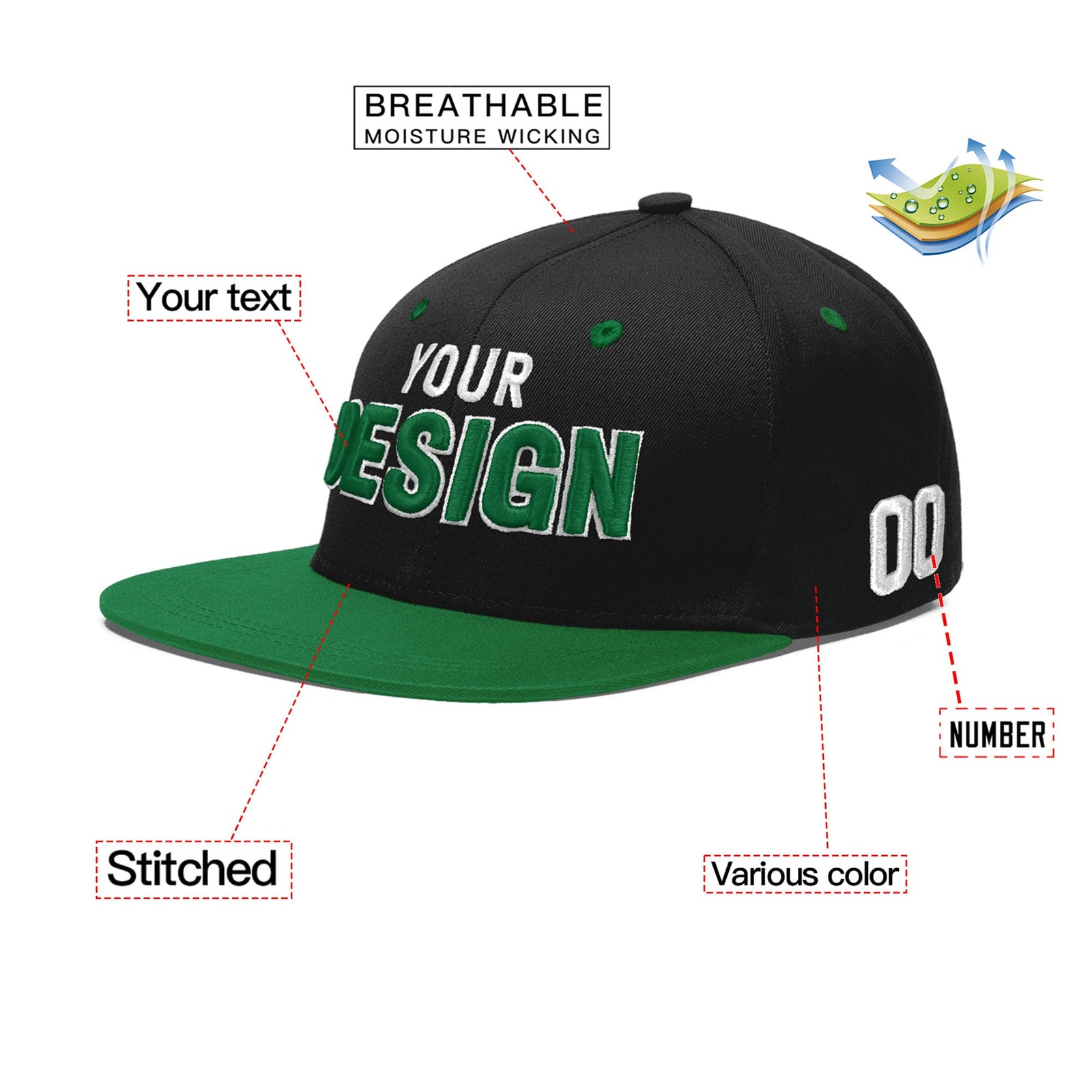 Custom Black Kelly Green 3D Puff Embroidery Flat Embroidery Casual Sport Baseball Cap