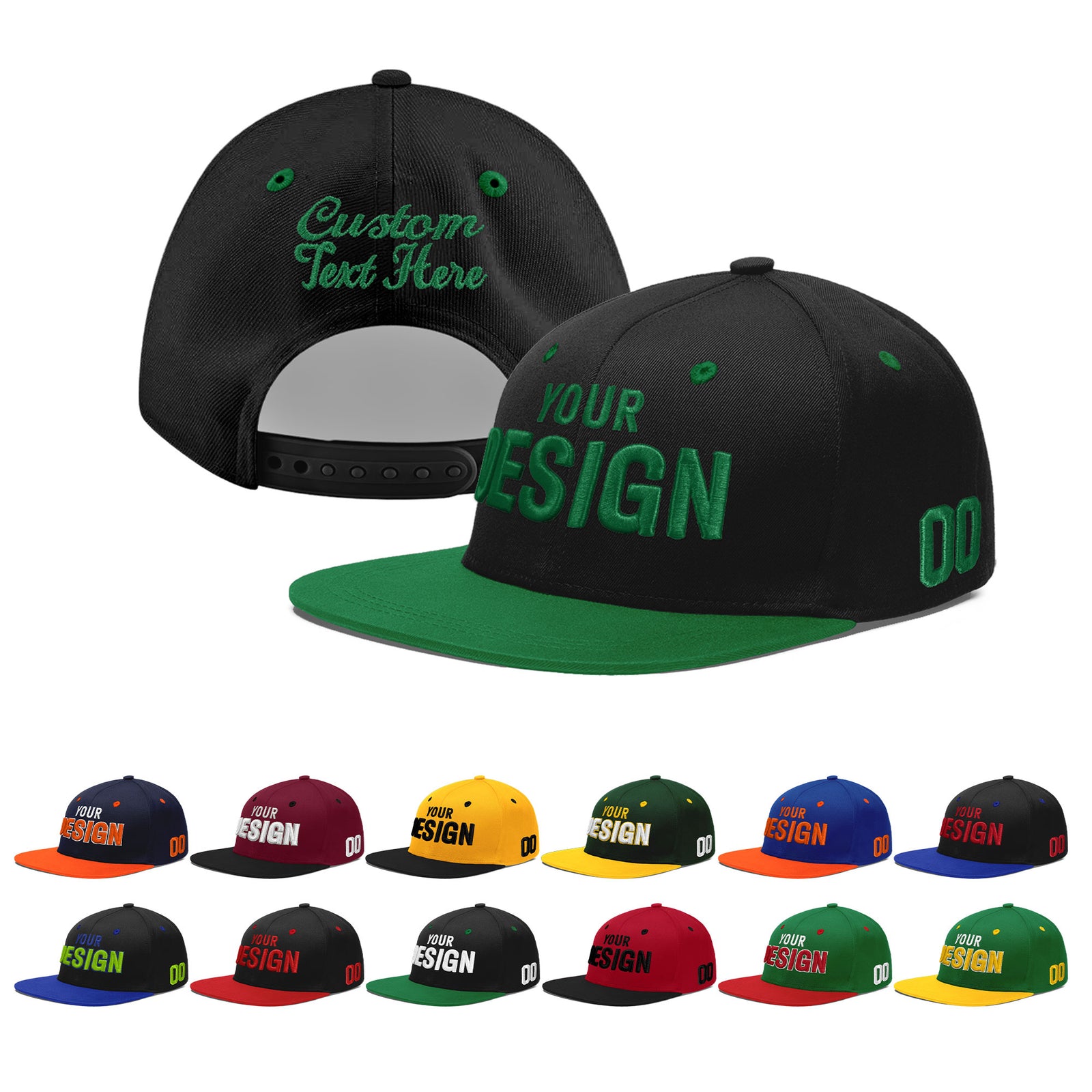 Custom Black Kelly Green 3D Puff Embroidery Flat Embroidery Casual Sport Baseball Cap