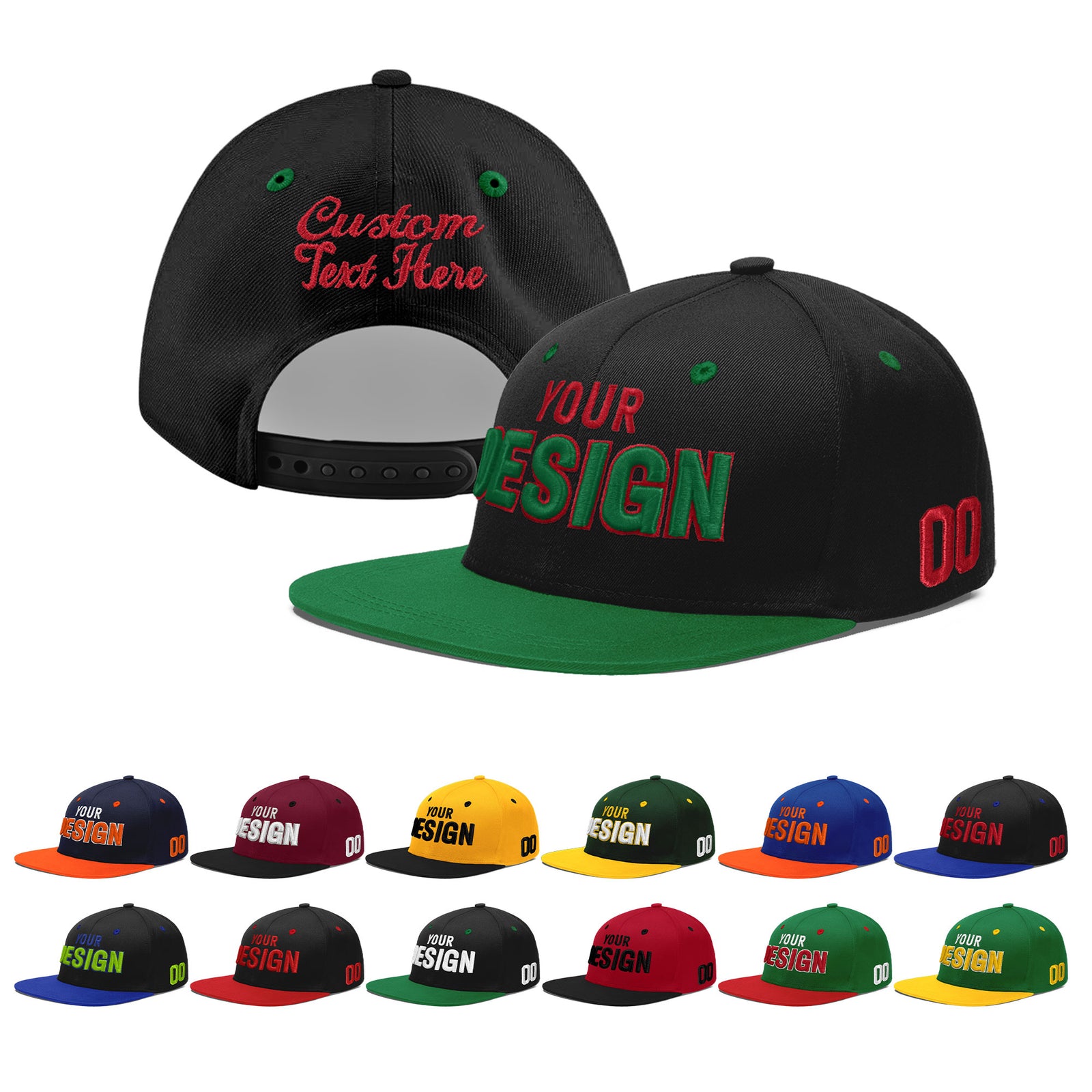 Custom Black Kelly Green 3D Puff Embroidery Flat Embroidery Casual Sport Baseball Cap