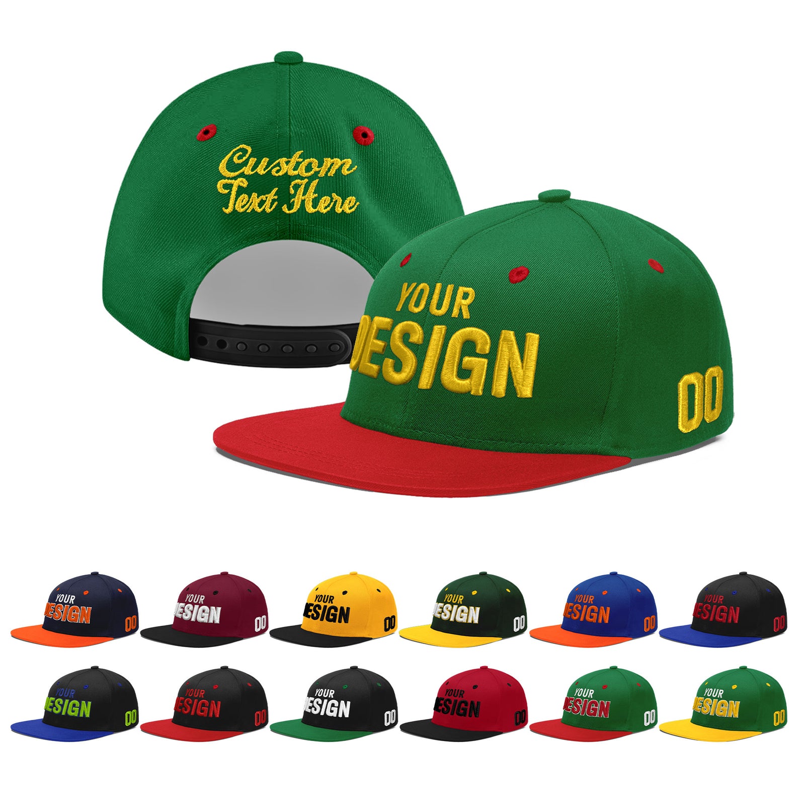 Custom Kelly Green Red 3D Puff Embroidery Flat Embroidery Casual Sport Baseball Cap