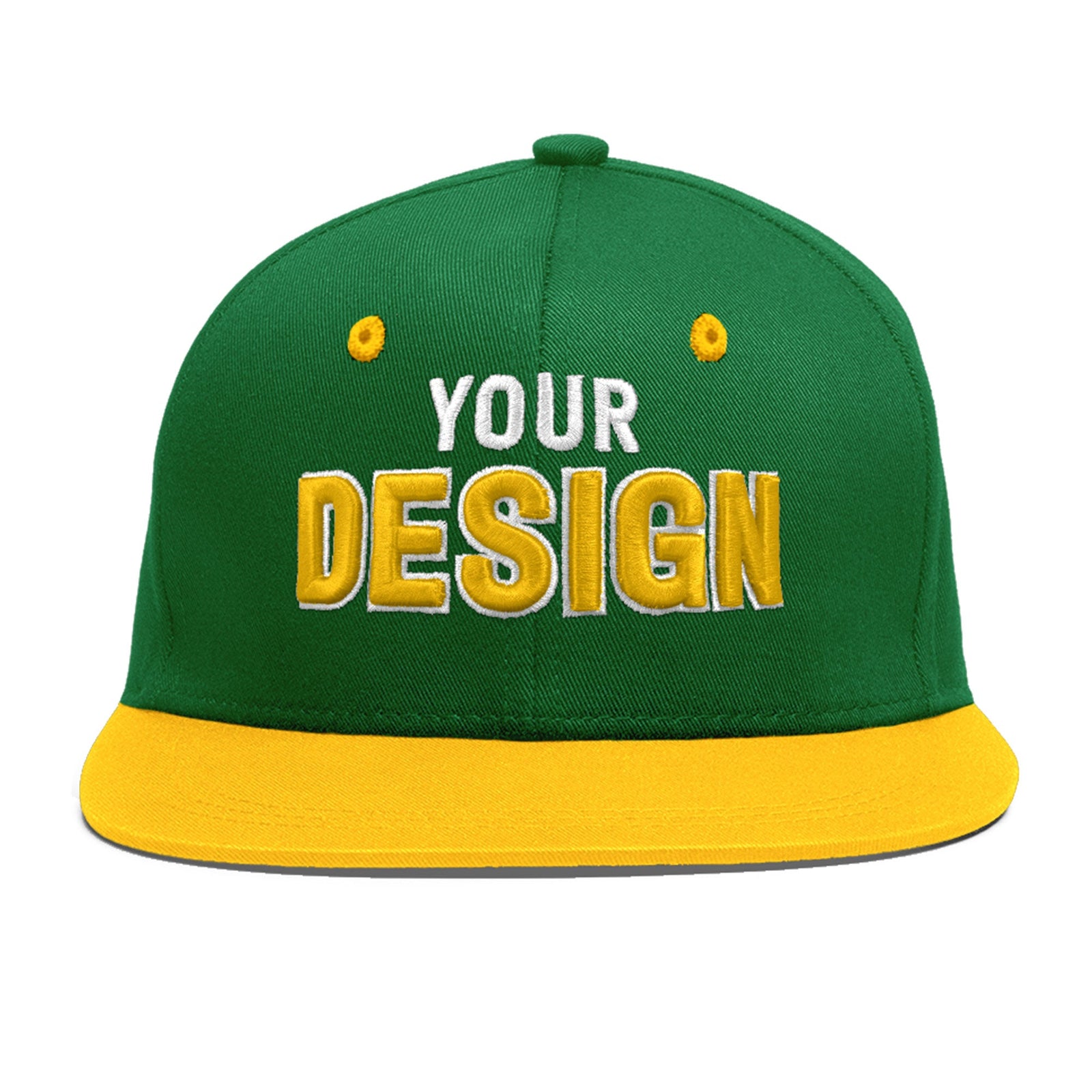 Custom Kelly Green Gold 3D Puff Embroidery Flat Embroidery Casual Sport Baseball Cap