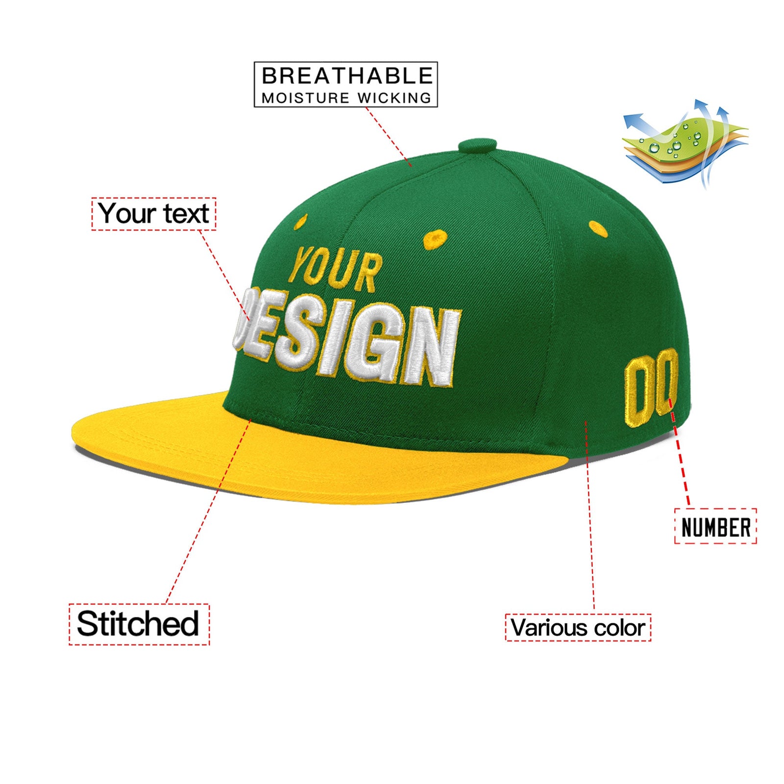 Custom Kelly Green Gold 3D Puff Embroidery Flat Embroidery Casual Sport Baseball Cap