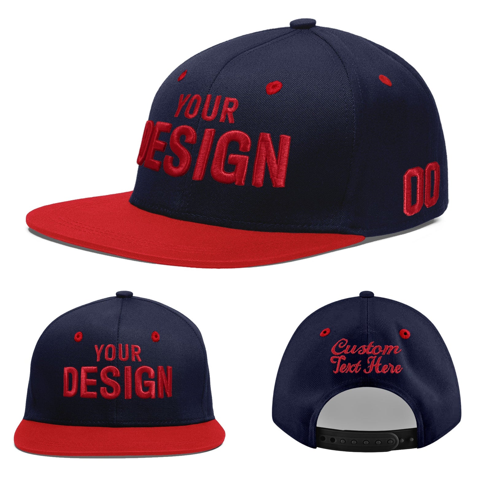 Custom Navy Red 3D Puff Embroidery Flat Embroidery Casual Sport Baseball Cap
