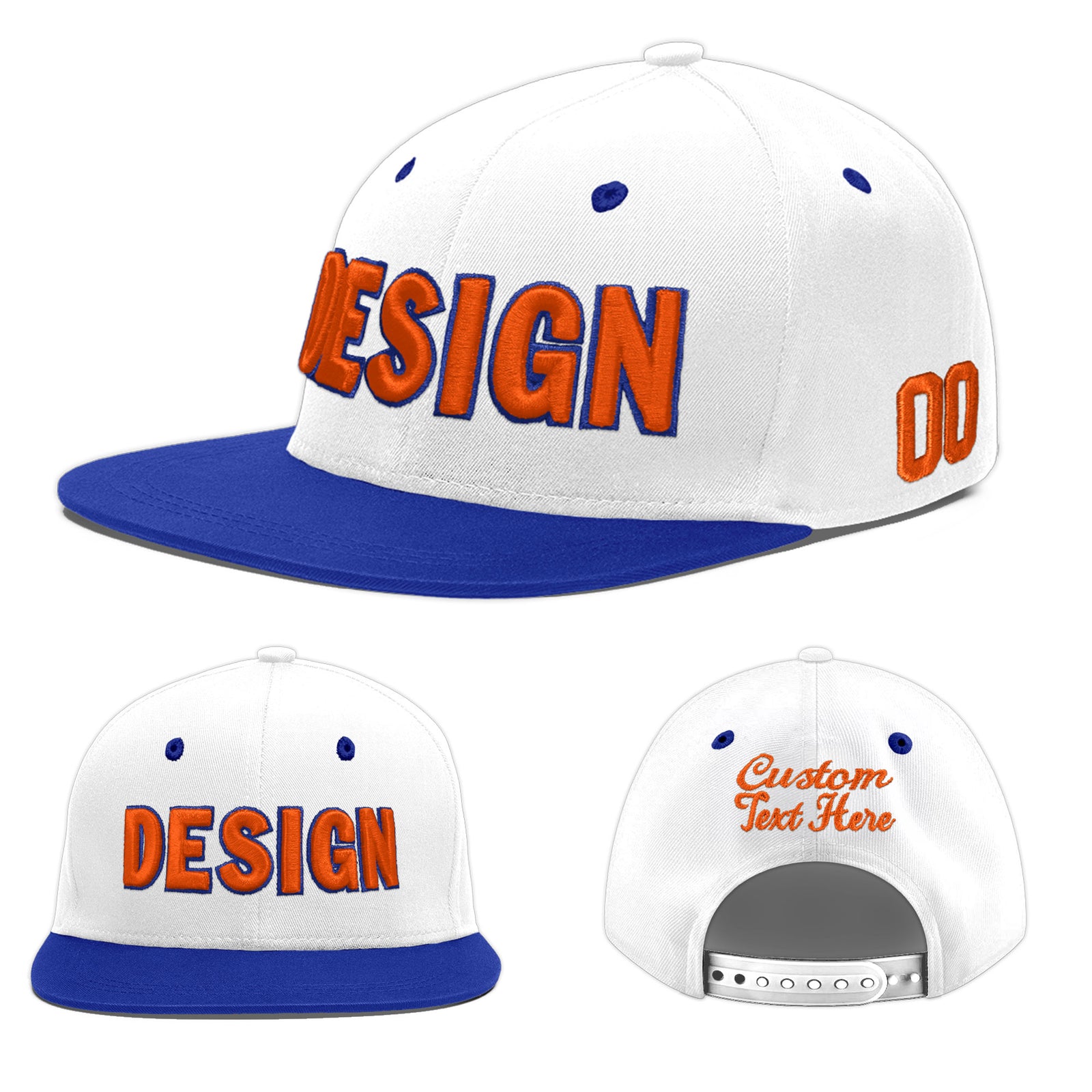 Custom White Royal Blue 3D Puff Embroidery Flat Embroidery Casual Sport Baseball Cap