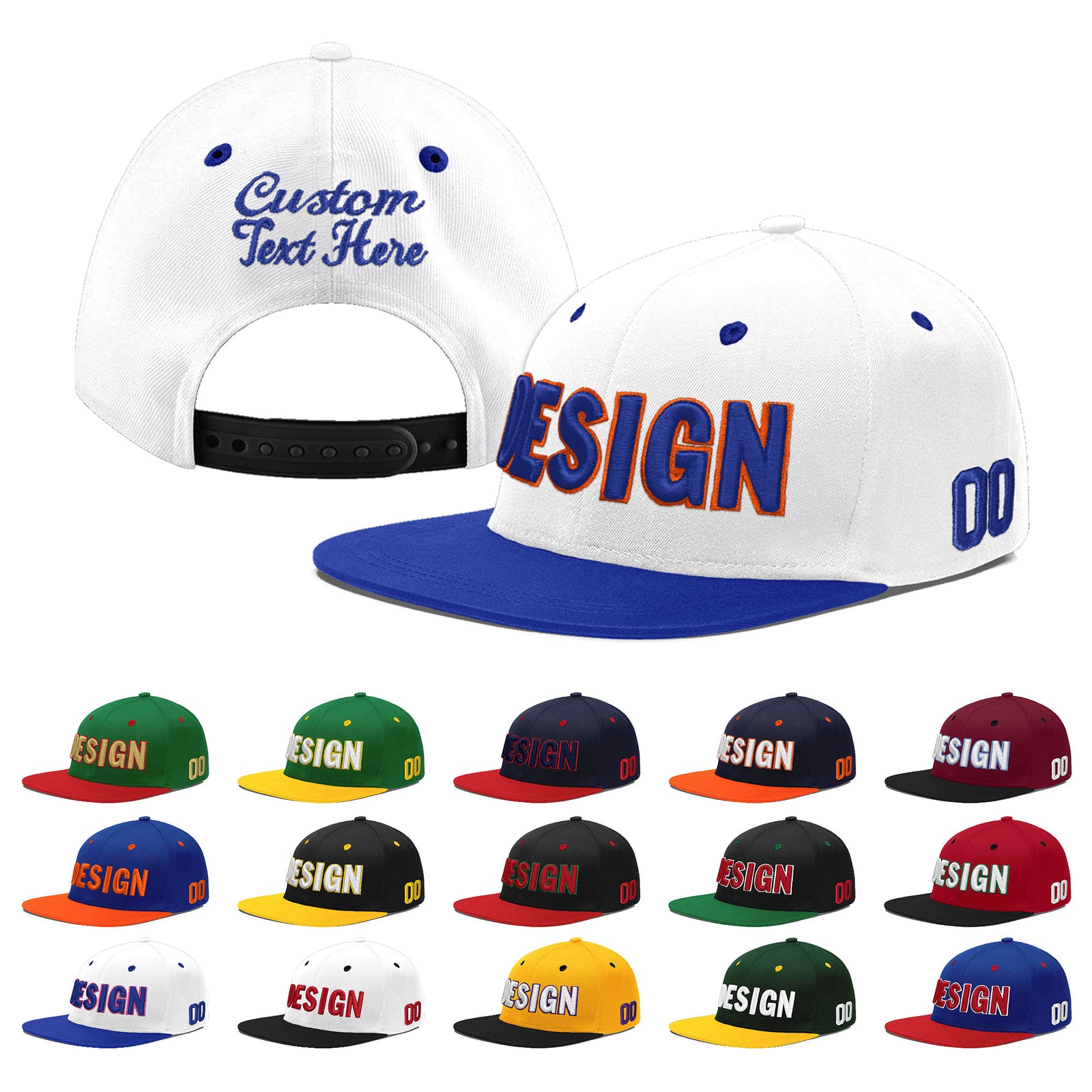 Custom White Royal Blue 3D Puff Embroidery Flat Embroidery Casual Sport Baseball Cap