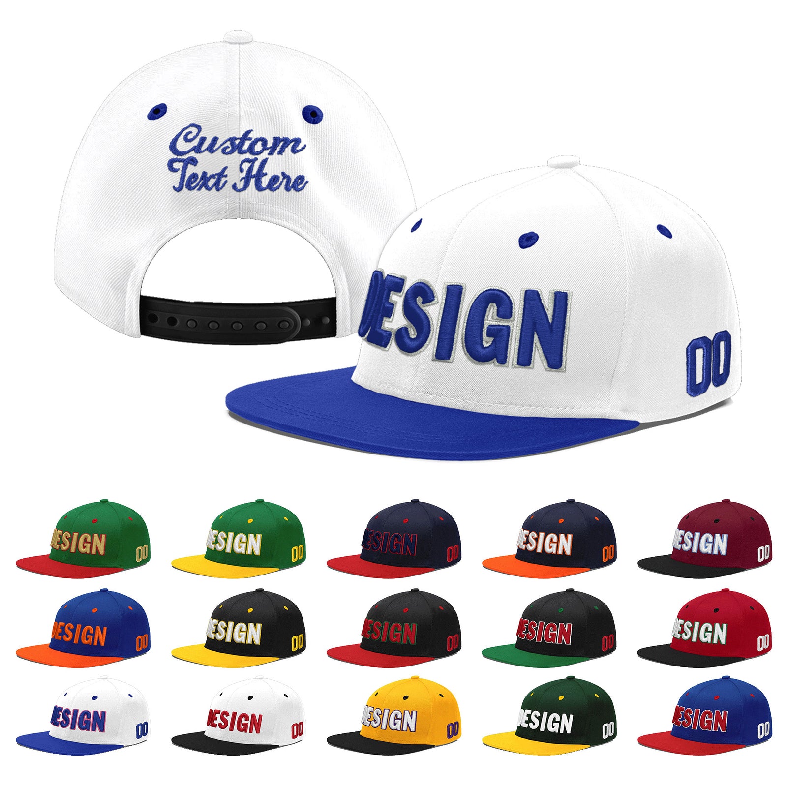 Custom White Royal Blue 67D Puff Embroidery Flat Embroidery Casual Sport Baseball Cap