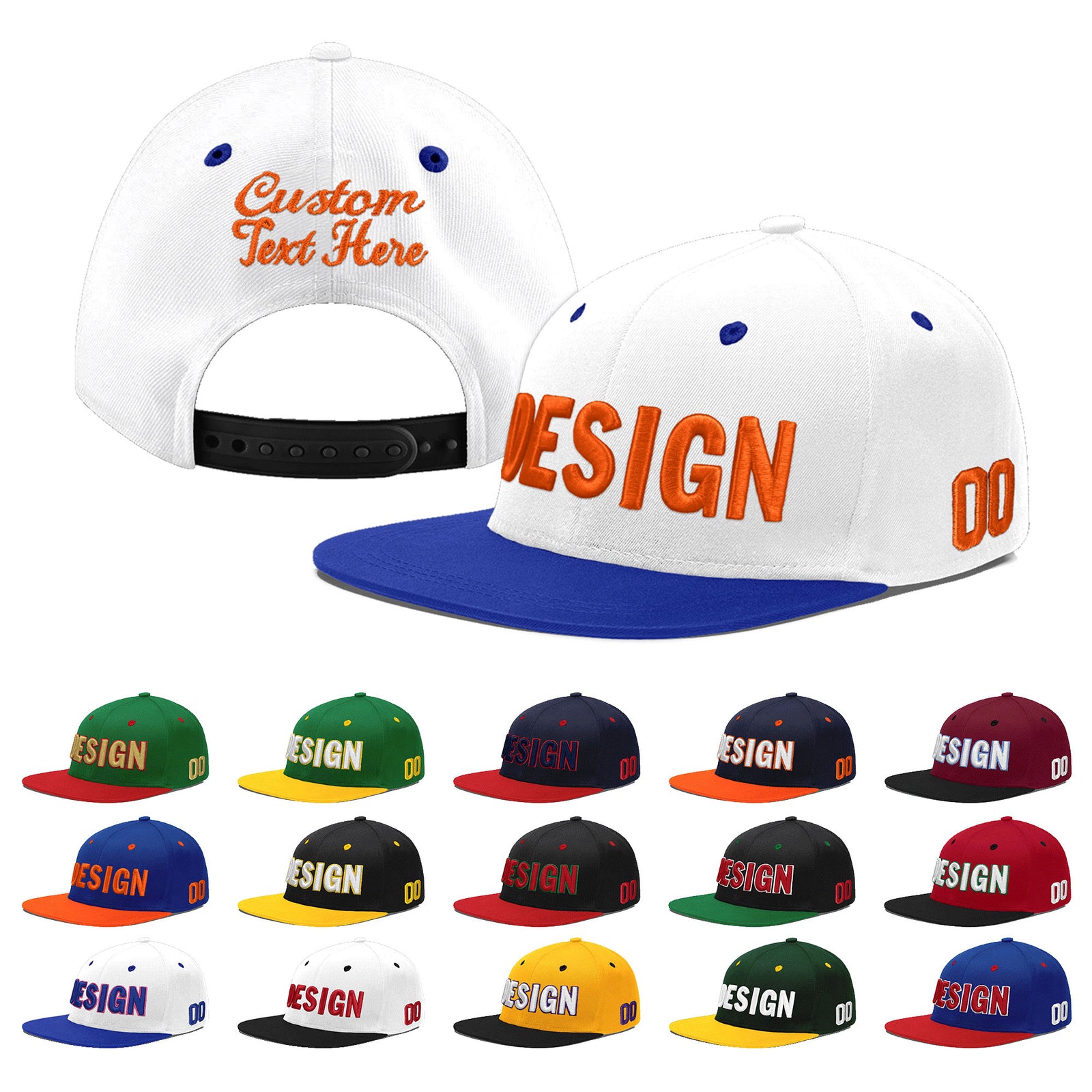 Custom White Royal Blue 75D Puff Embroidery Flat Embroidery Casual Sport Baseball Cap