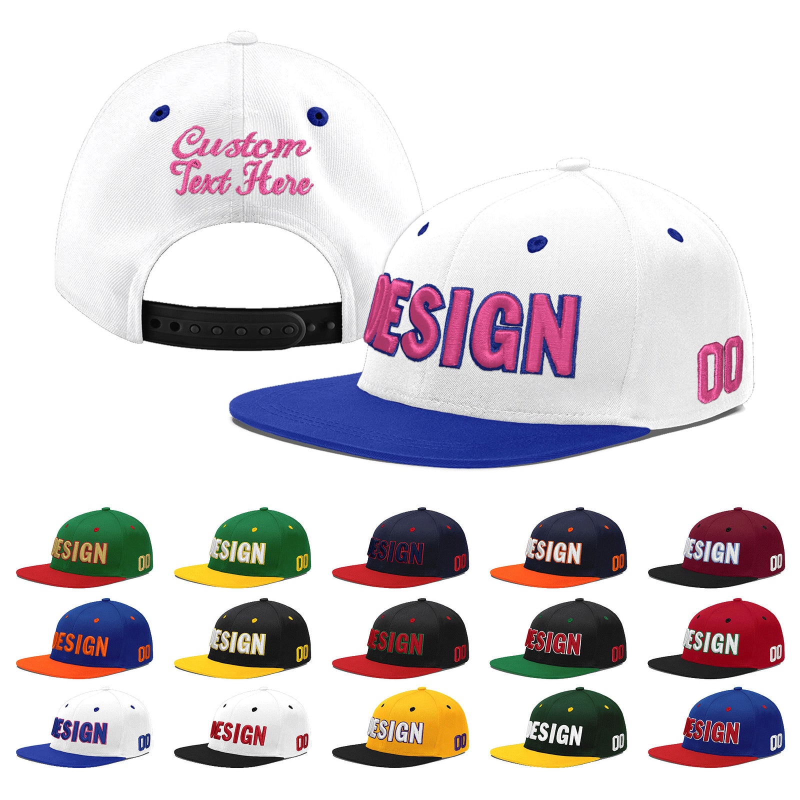 Custom White Royal Blue 67D Puff Embroidery Flat Embroidery Casual Sport Baseball Cap