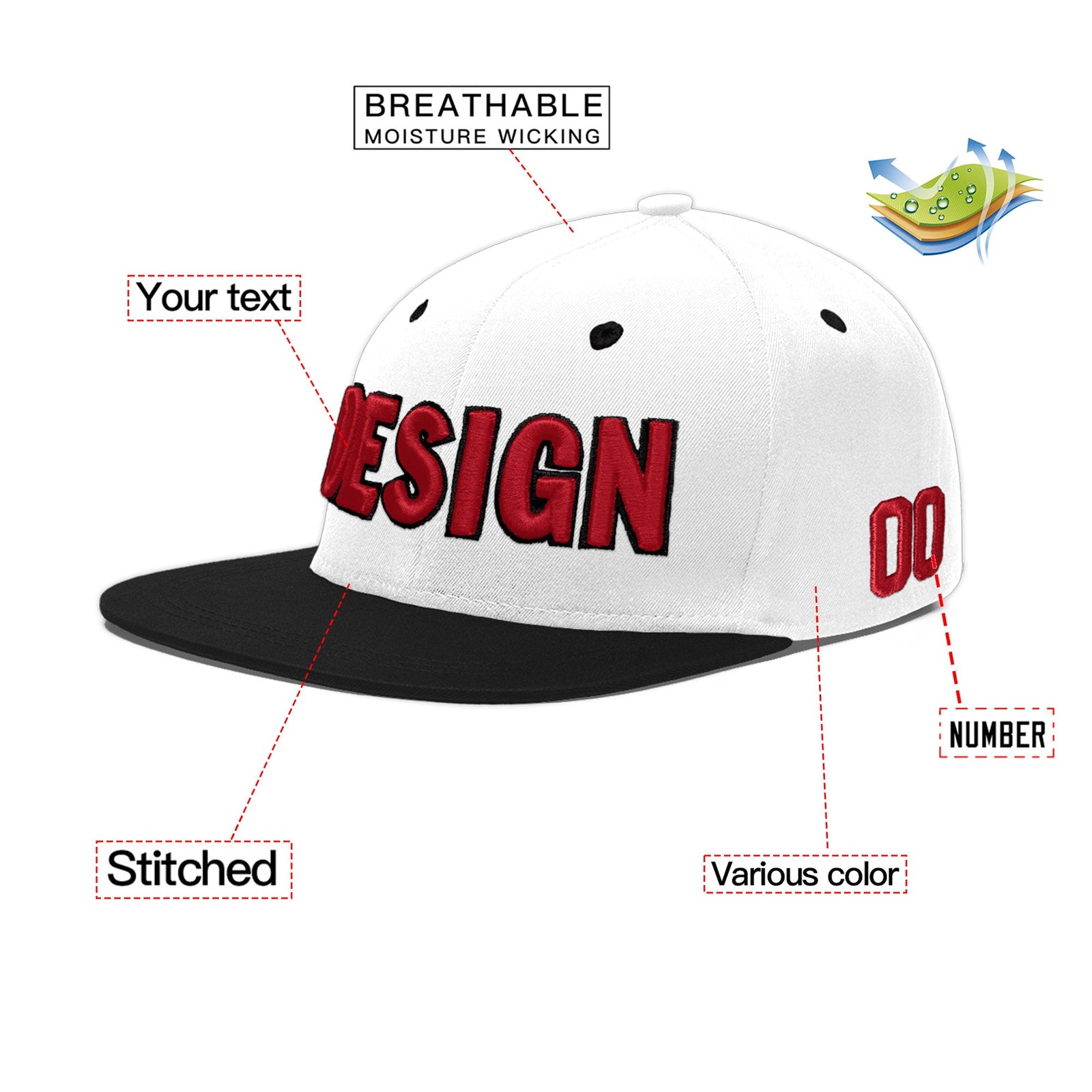 Custom White Black 3D Puff Embroidery Flat Embroidery Casual Sport Baseball Cap