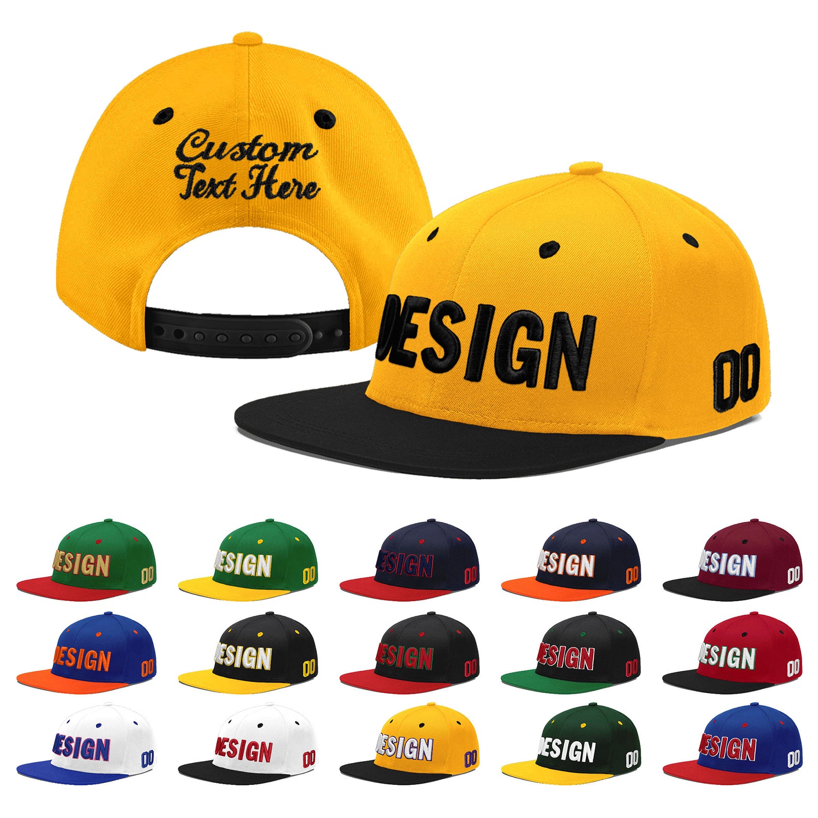 Custom Gold Black 3D Puff Embroidery Flat Embroidery Casual Sport Baseball Cap