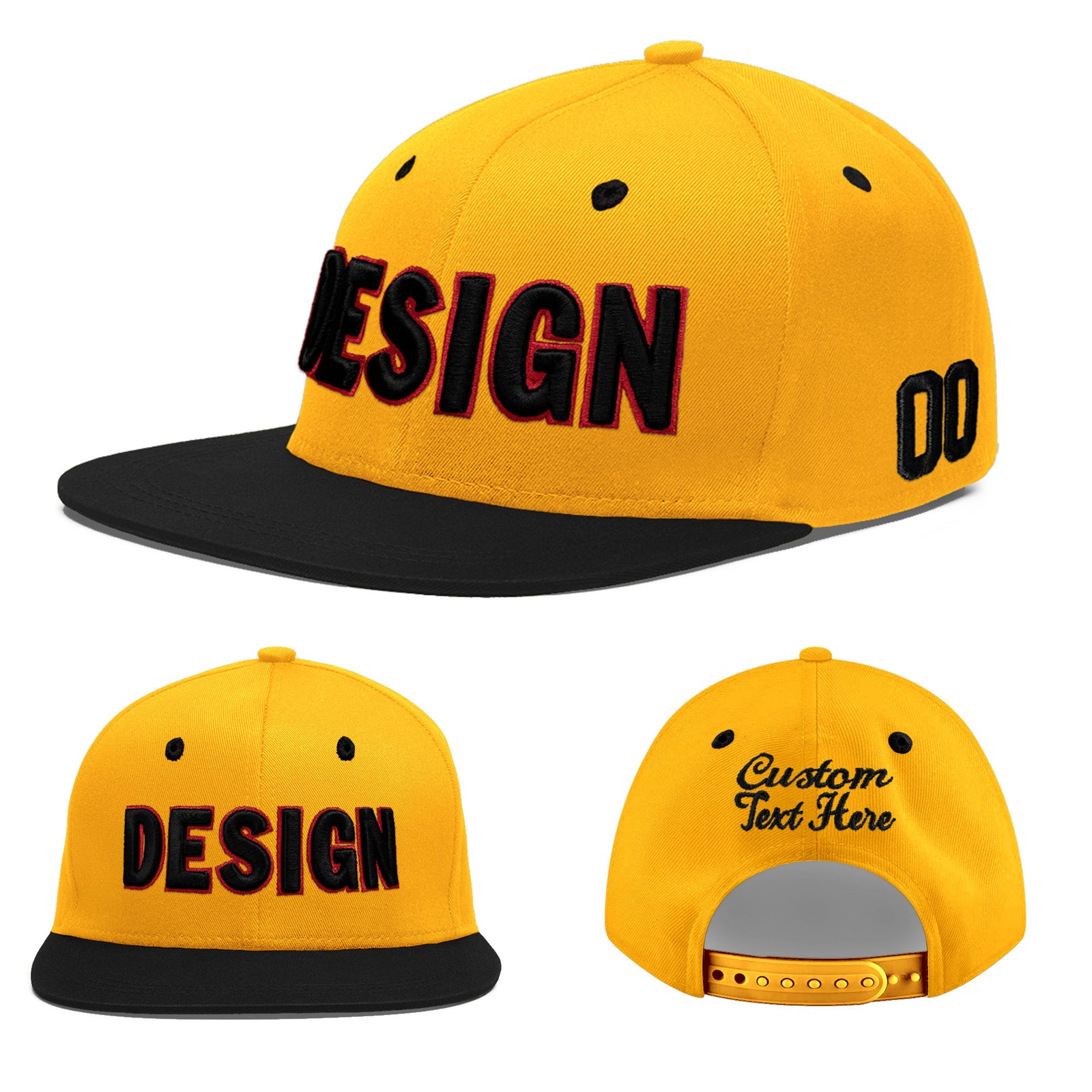 Custom Gold Black 44D Puff Embroidery Flat Embroidery Casual Sport Baseball Cap
