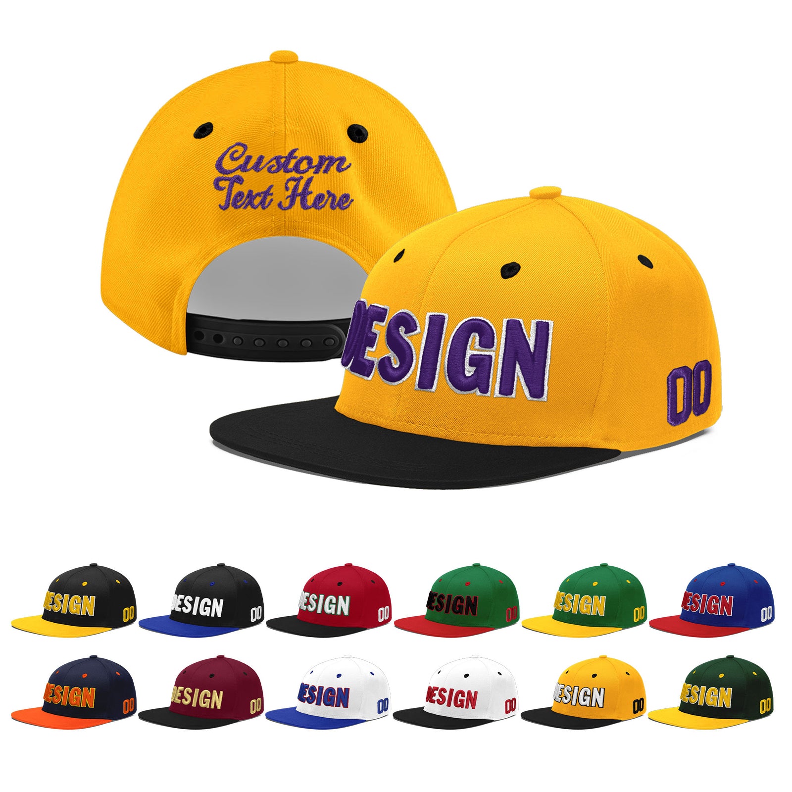 Custom Gold Black 51D Puff Embroidery Flat Embroidery Casual Sport Baseball Cap