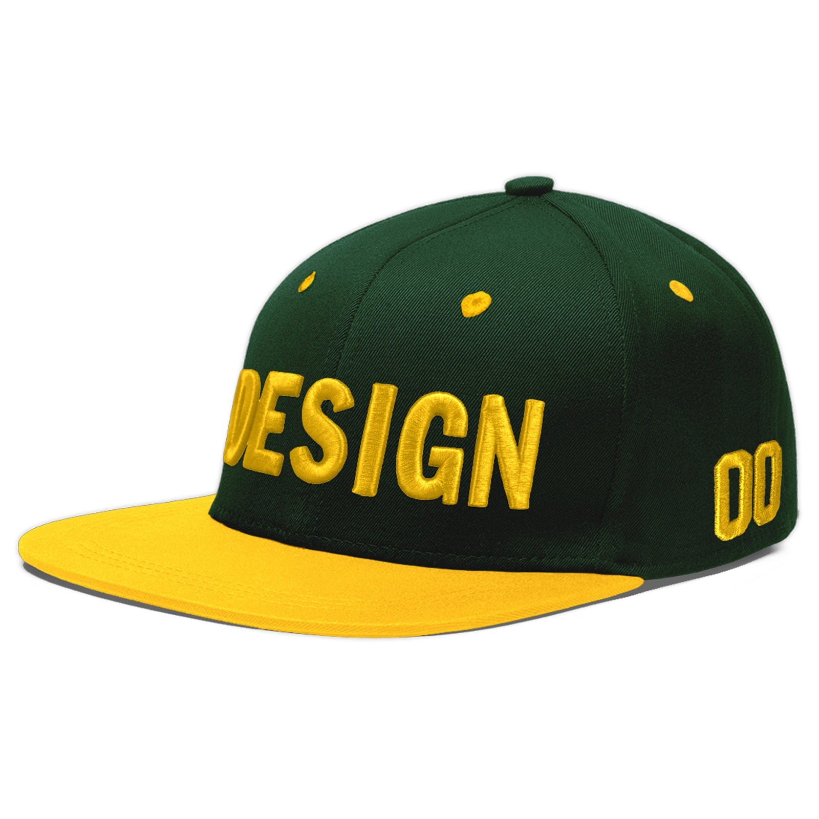 Custom Green Gold 3D Puff Embroidery Flat Embroidery Casual Sport Baseball Cap