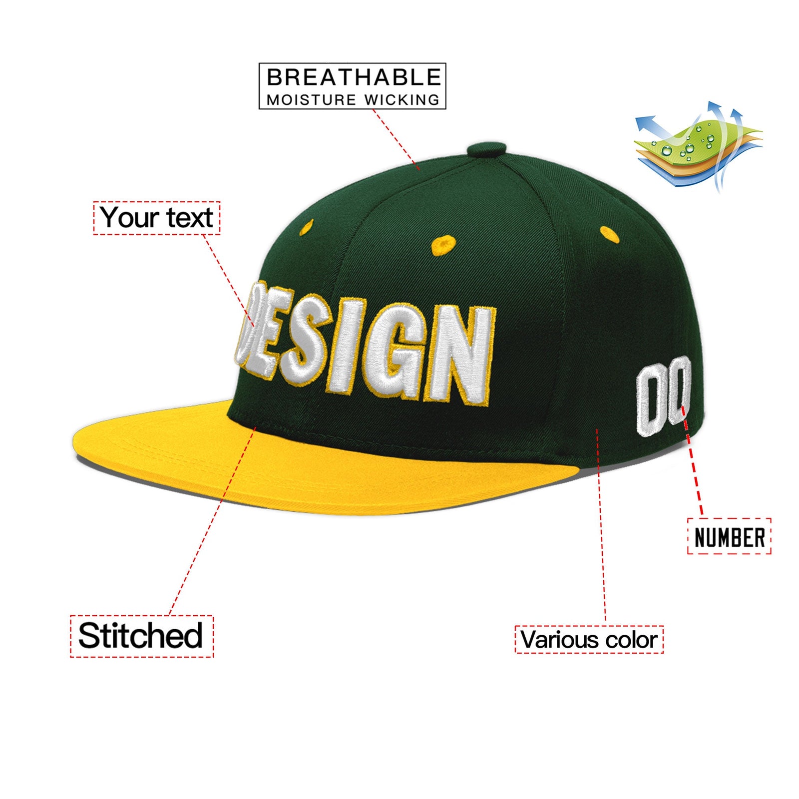 Custom Green Gold 3D Puff Embroidery Flat Embroidery Casual Sport Baseball Cap