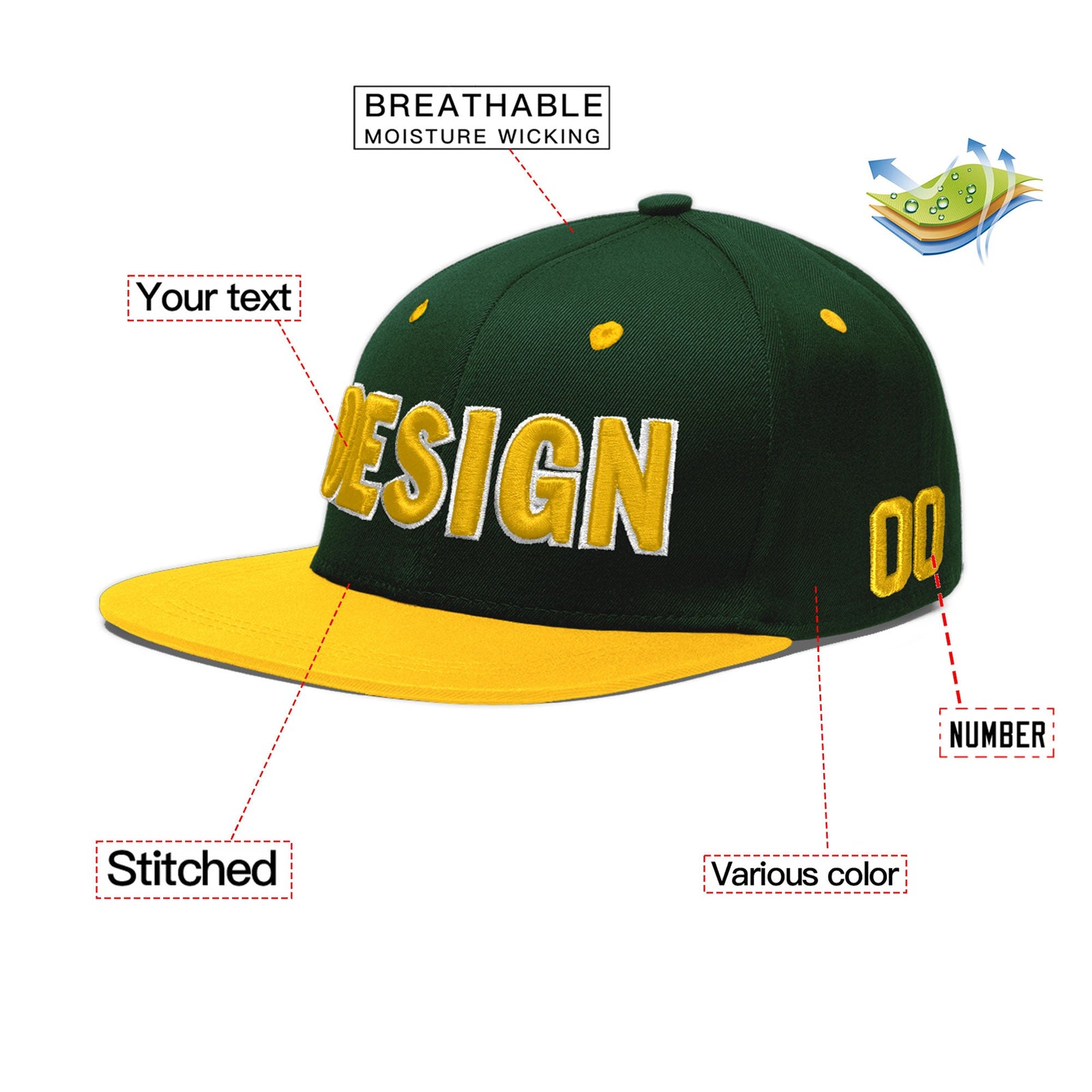 Custom Green Gold 3D Puff Embroidery Flat Embroidery Casual Sport Baseball Cap