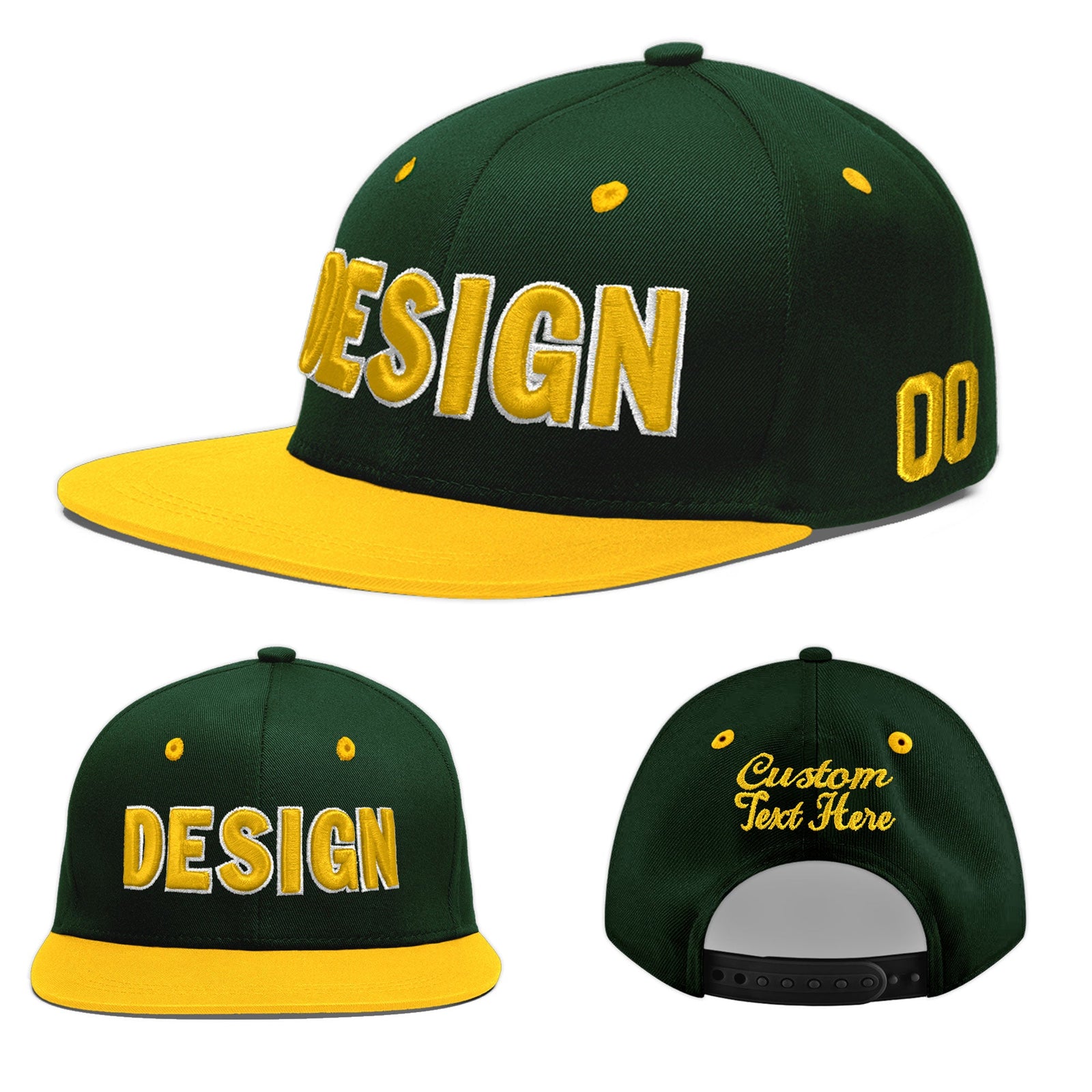 Custom Green Gold 3D Puff Embroidery Flat Embroidery Casual Sport Baseball Cap