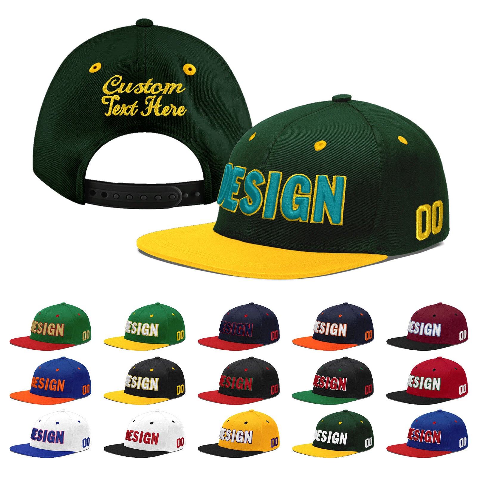 Custom Green Gold 3D Puff Embroidery Flat Embroidery Casual Sport Baseball Cap