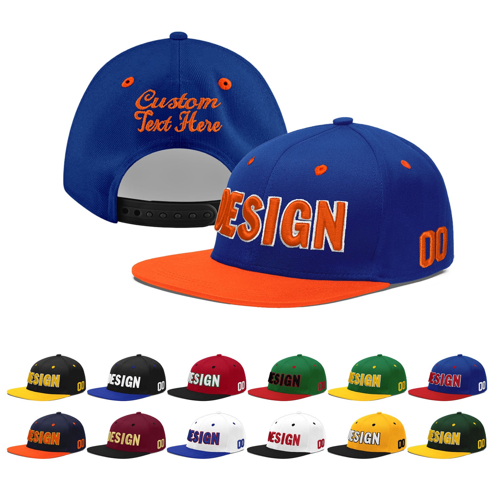 Custom Royal Blue Orange 3D Puff Embroidery Flat Embroidery Casual Sport Baseball Cap