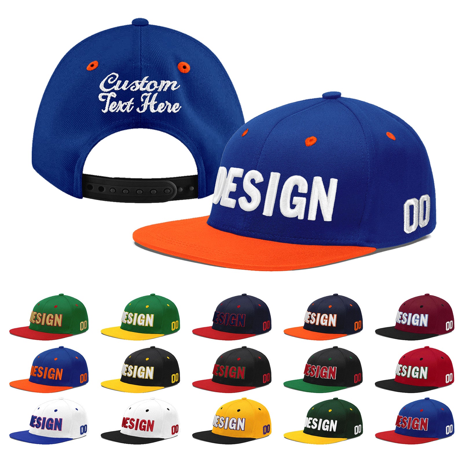 Custom Royal Blue Orange 3D Puff Embroidery Flat Embroidery Casual Sport Baseball Cap