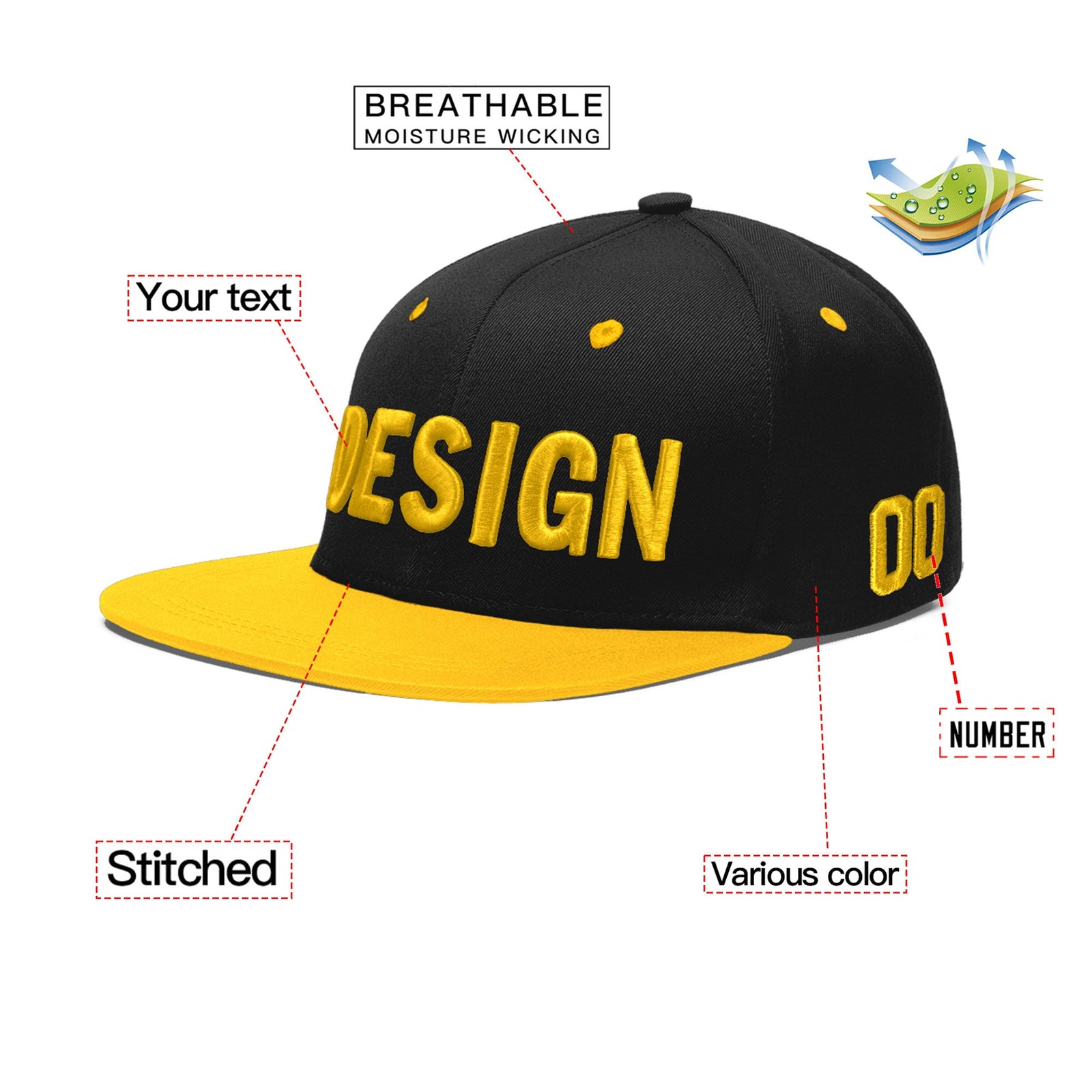Custom Black Gold 3D Puff Embroidery Flat Embroidery Casual Sport Baseball Cap