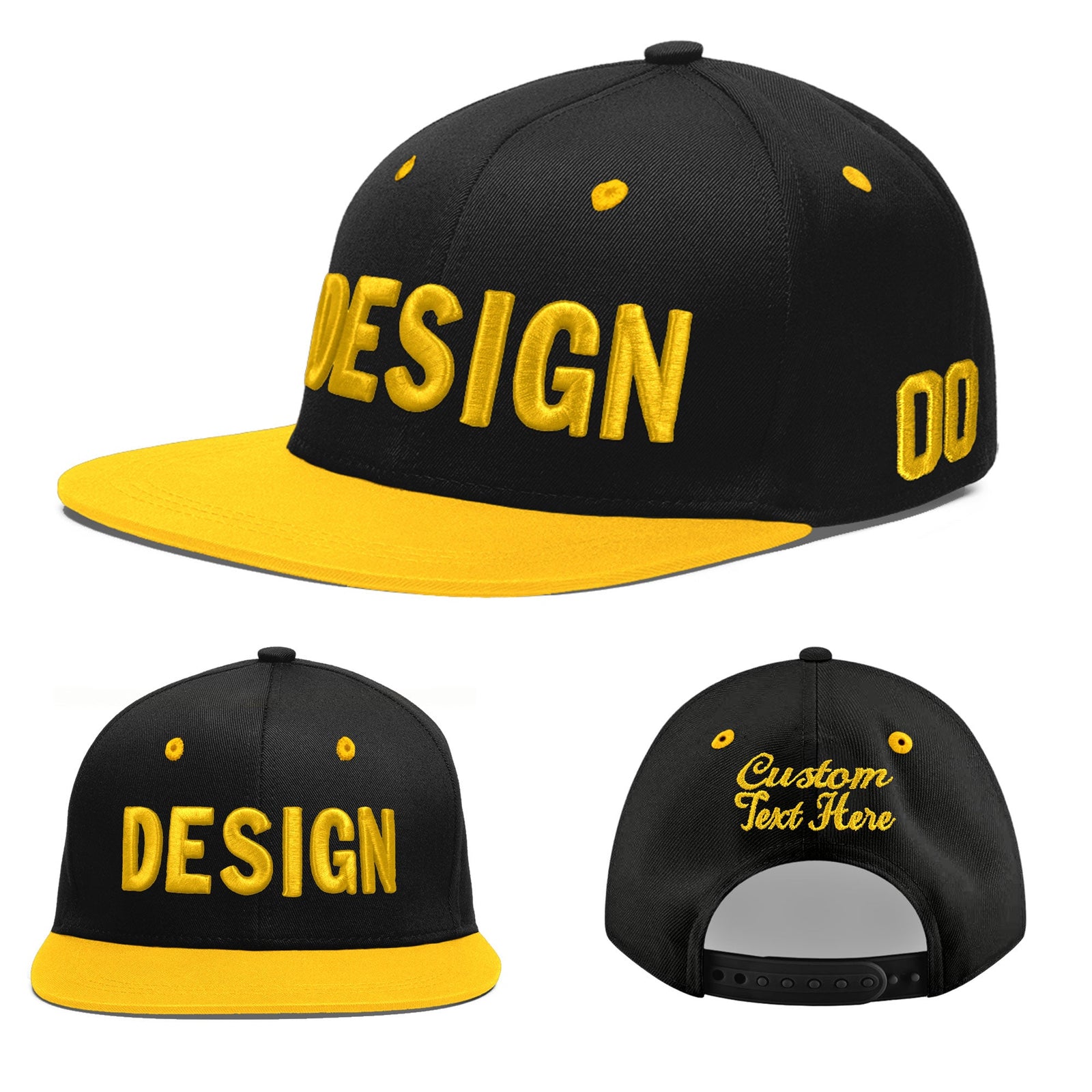 Custom Black Gold 3D Puff Embroidery Flat Embroidery Casual Sport Baseball Cap