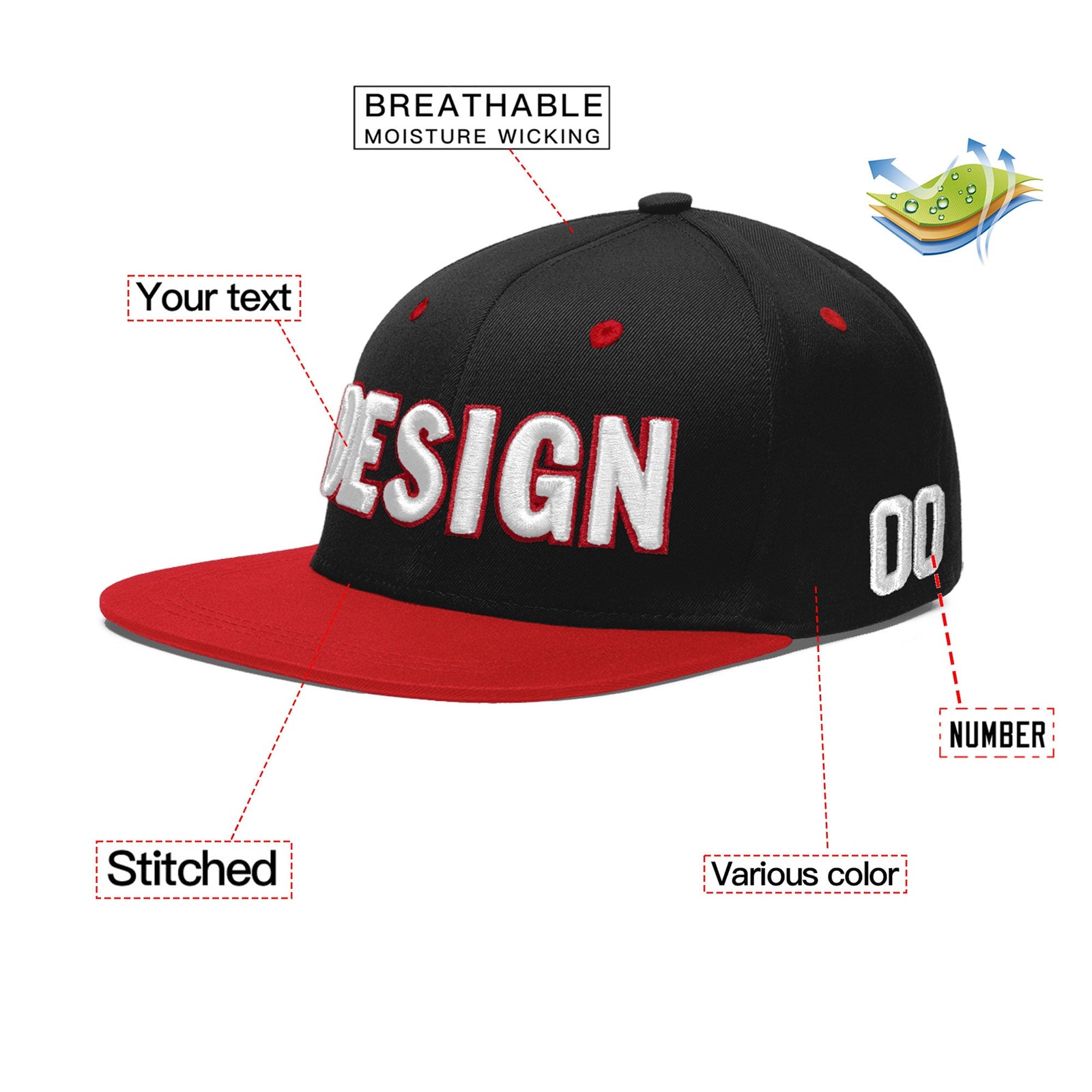 Custom Black Red 3D Puff Embroidery Flat Embroidery Casual Sport Baseball Cap