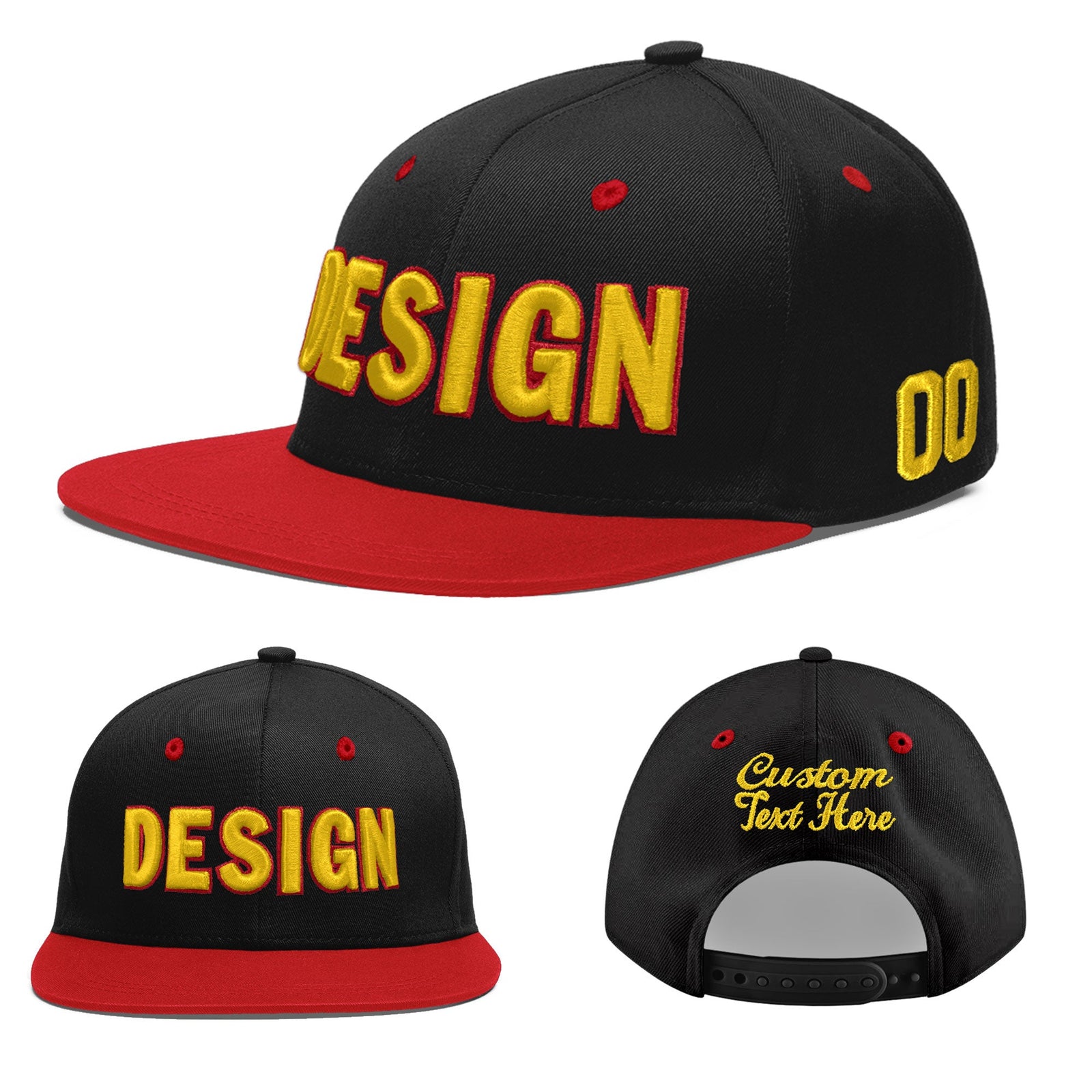 Custom Black Red 3D Puff Embroidery Flat Embroidery Casual Sport Baseball Cap